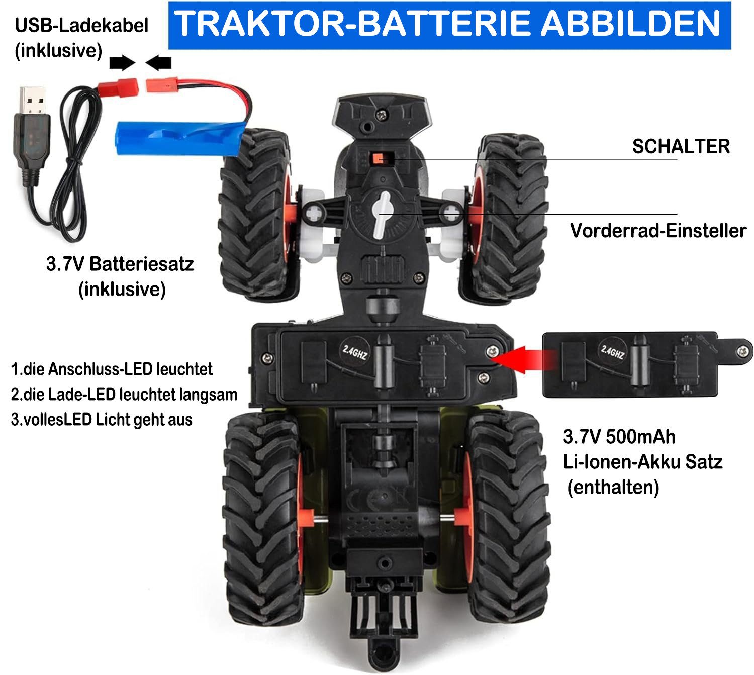 Esun RC Tractor, Remote Controlled Tractor, RC Tractor with Trailer (Set, Complete Set), Wood Grabber, 4 Wood Strips, Truck Toy for Ages 3, 4, 5, and 6
