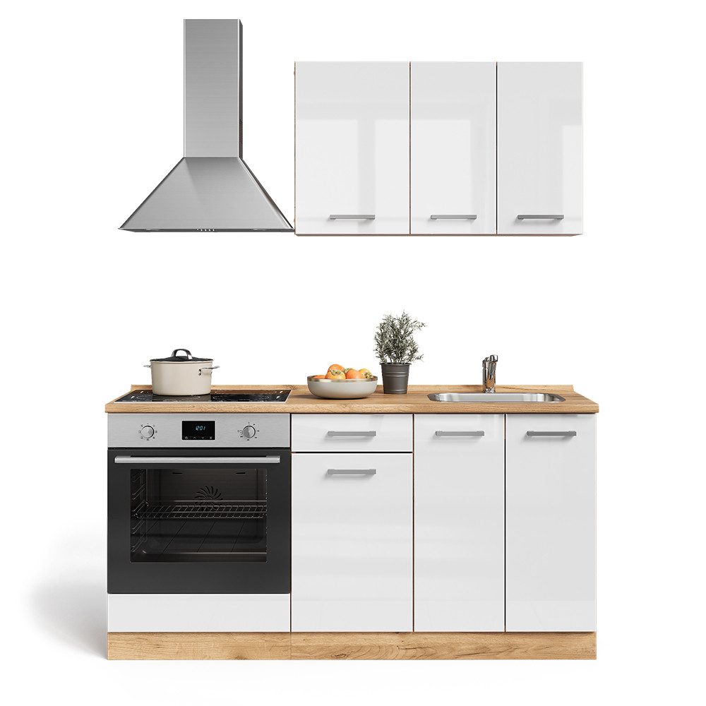 Vicco Küchenzeile R-Line, Weiß Hochglanz/Goldkraft Eiche, 160 cm mit Herdumbauschran...
