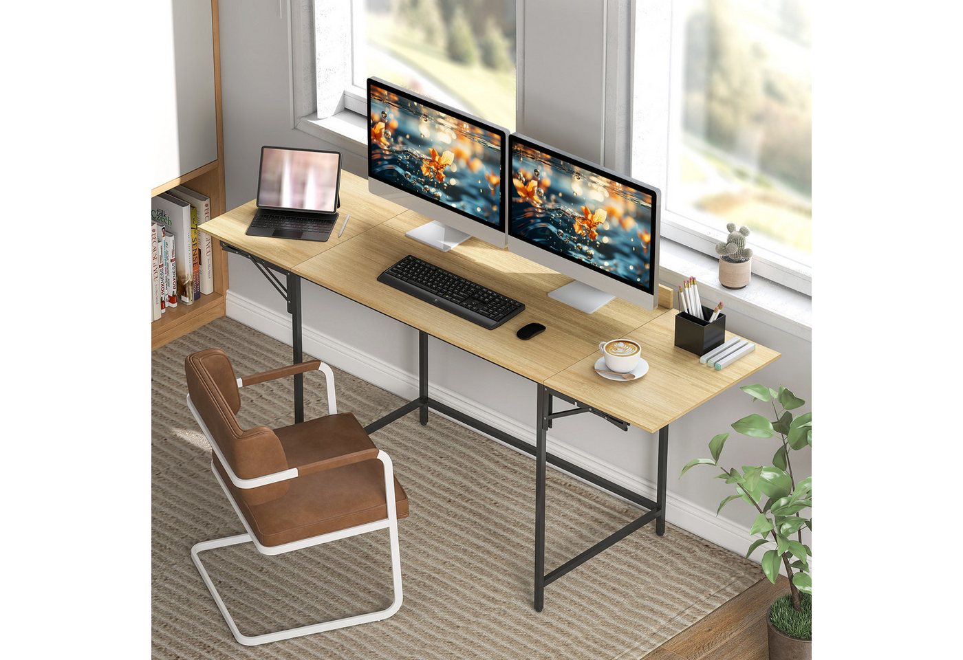 HOMCOM Schreibtisch Modern-Design, Metallgestell, Eiche (Bürotisch, 1-St., Klappbar Computertisch), für Arbeitszimmer Schlafzimmer Home Office, 100,135,170 x 58 x 78 cm