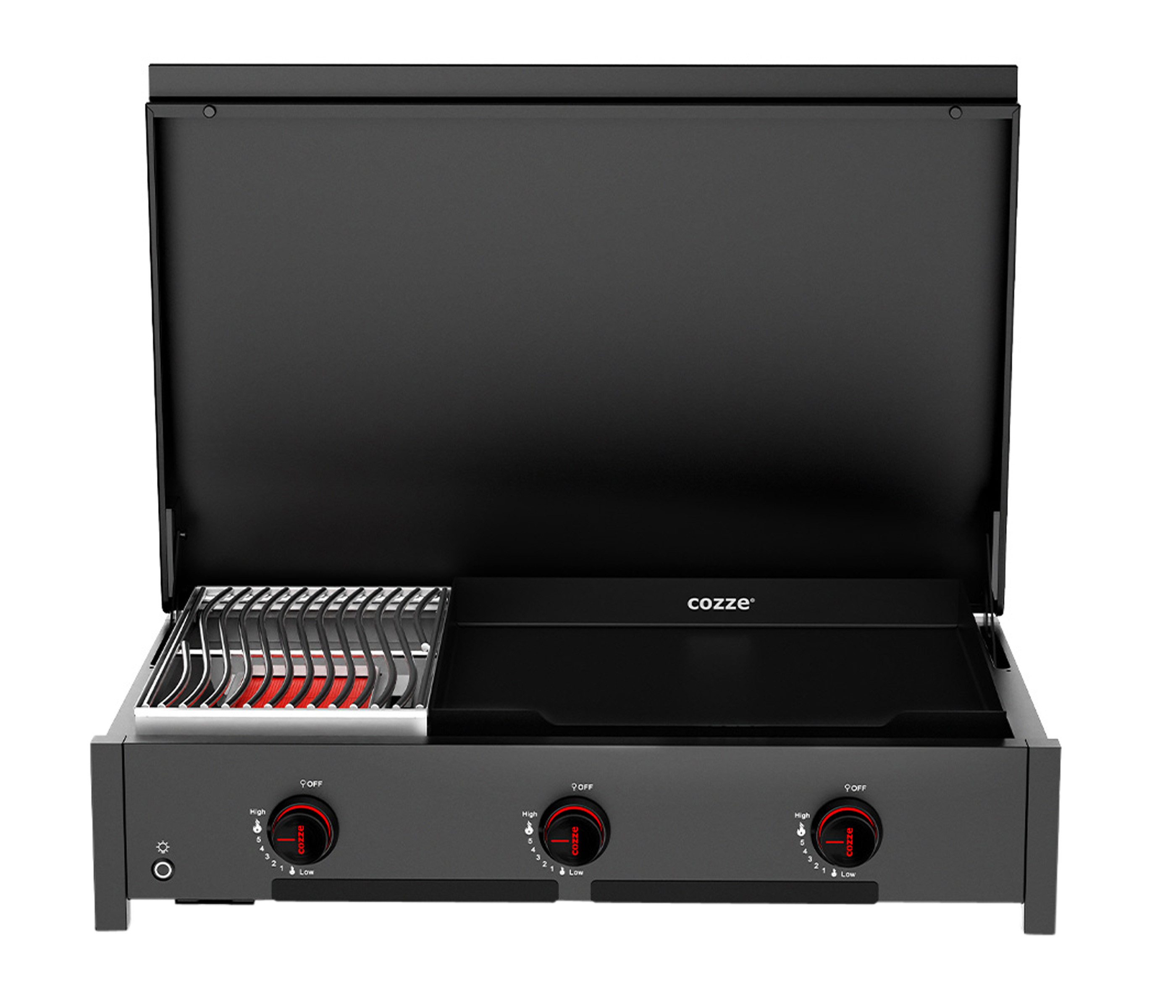 COZZE Gasgrill Gas-Grill Combo 900, Temperatur bis 800°C, Gusseisen / Edelstahl, mit Grill und Plancha, 7.5kW, 3 Brenner