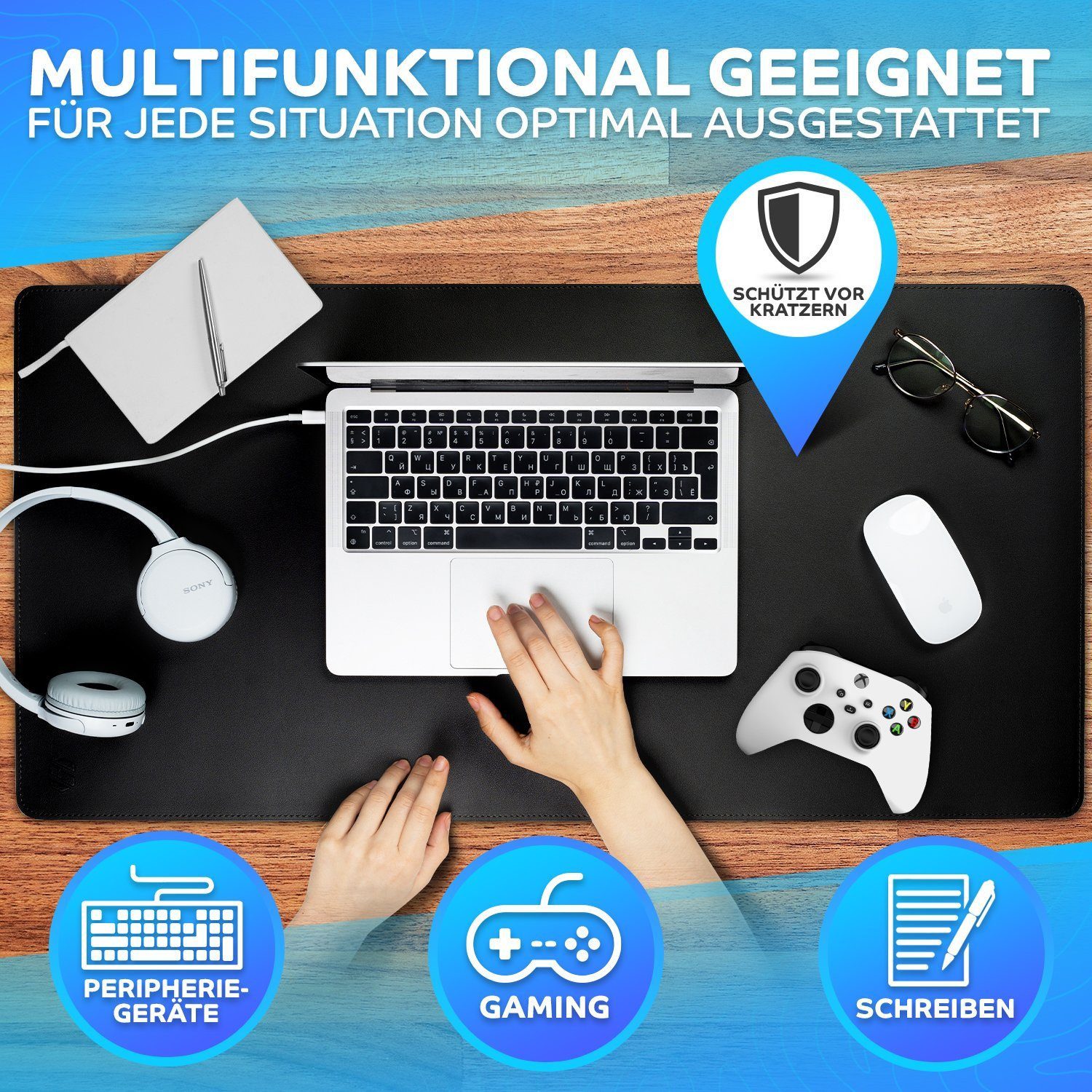 MAXLVL Gaming Mauspad Schreibtischunterlage - Mauspad mit Vernähte Kanten - abwaschbar (80x40 cm, Schreibtisch Unterlage für Büro), Tischunterlage Schreibtisch aus PU-Leder