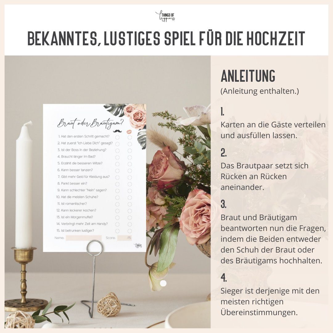 Things of Happiness Spiel Hochzeitsspiel Braut & Bräutigam 50 Karten, Hochzeitsspiel Brautpaar, Hochzeitsquiz