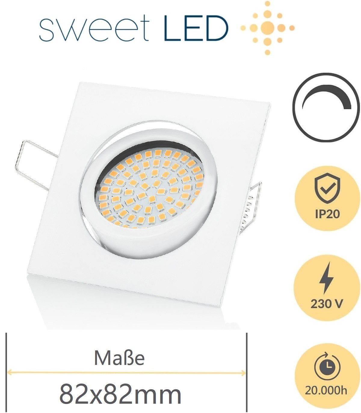 Sweet LED LED Einbaustrahler Schwenkbar Dimmbar 5W 230V 3000K Einbauleuchte Weiß Deckenspots Ø75, Dimmfunktion, 3000K, Warmweiß, Deckenspots, 82x82 mm, Einbauleuchte