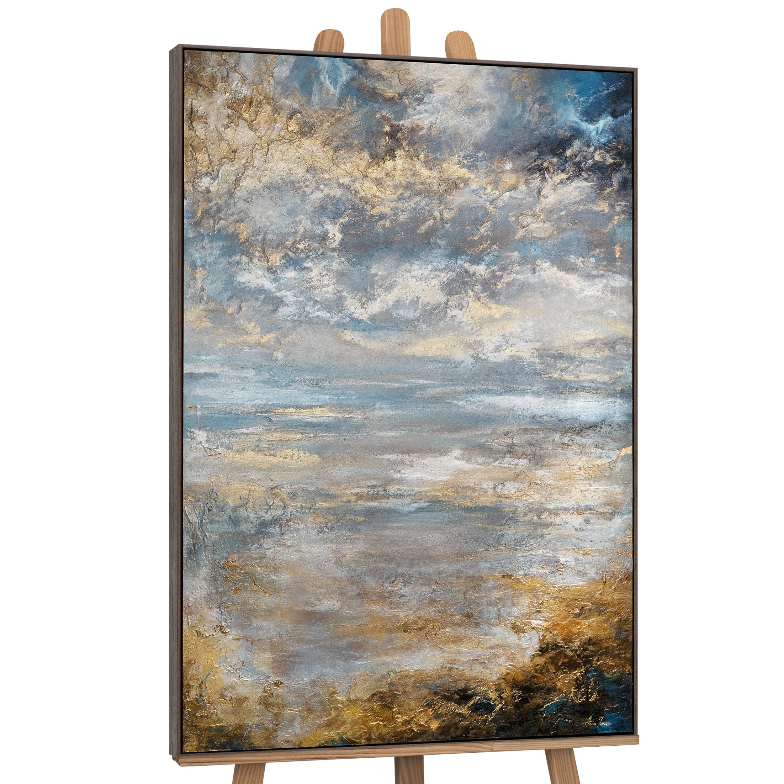 YS-Art Gemälde Stille Morgendämmerung, Landschaft, Meeresabstraktion in hellen Farben mit Gold gerahmt