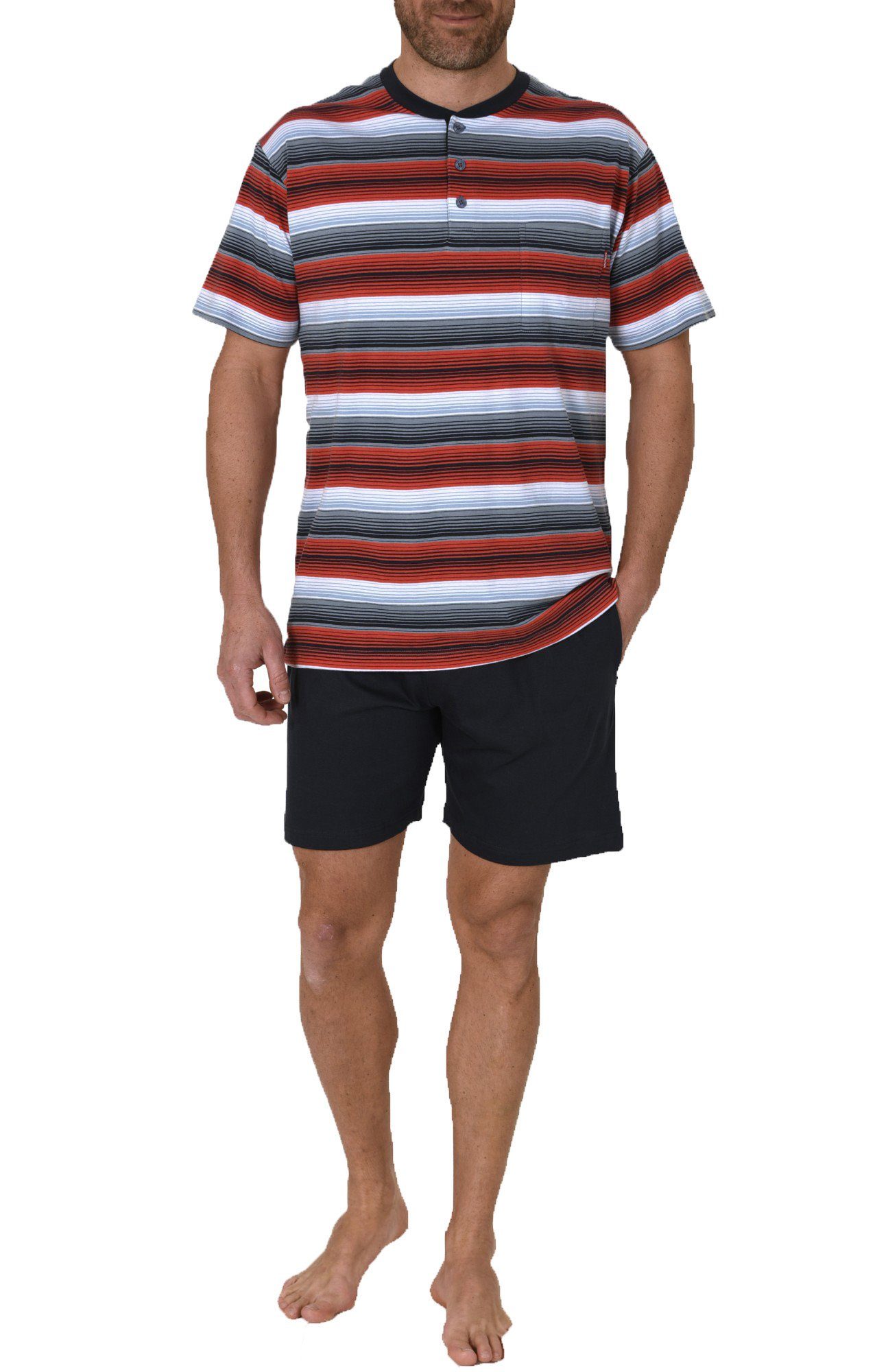 Pyjama Herren Shorty Pyjama kurzarm in Streifenoptik und mit Knopfleiste