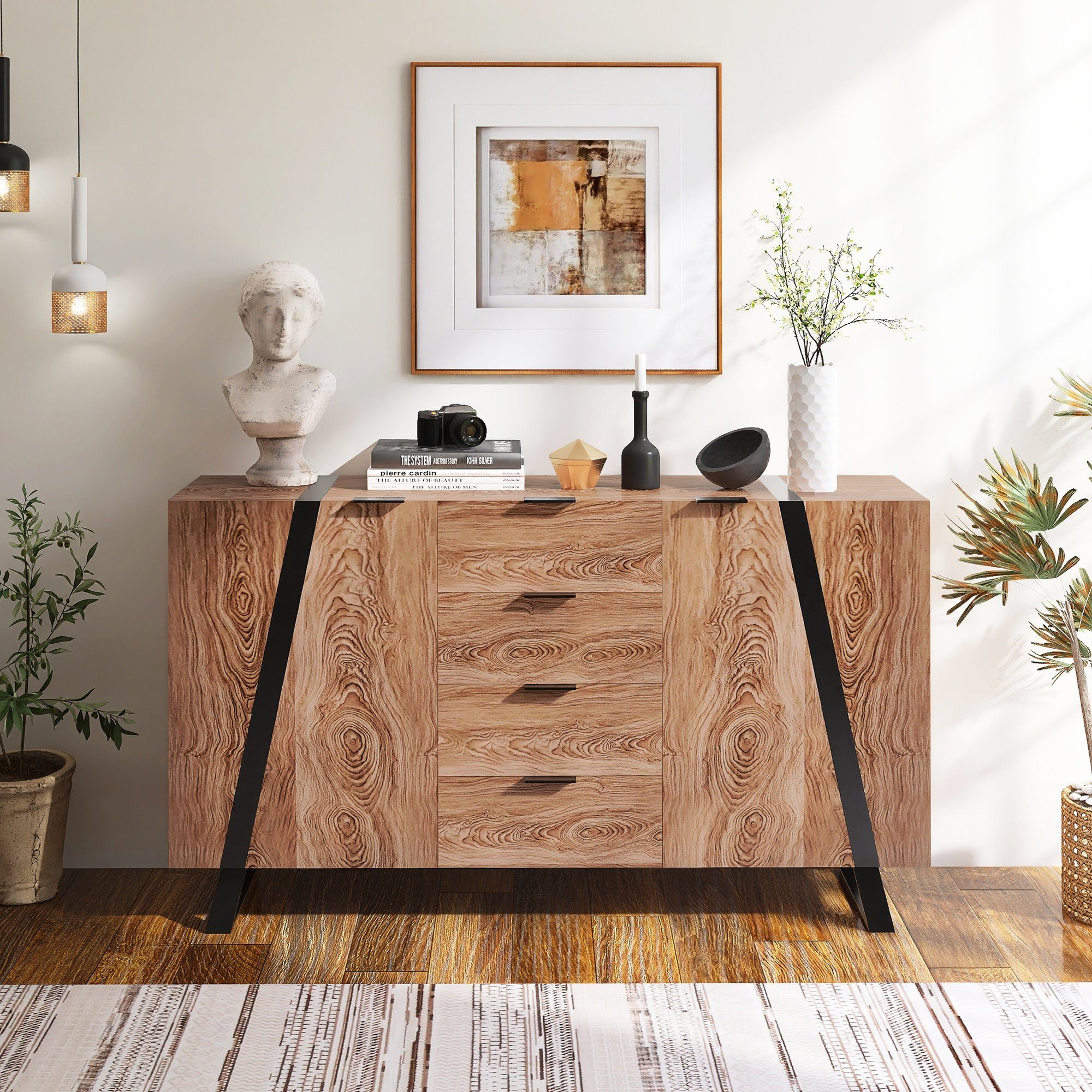 Merax Sideboard mit 4 Schublden und 2 Türen, Anrichte, Holzmaserung, Kommode in Landhausstil, Breite 160cm