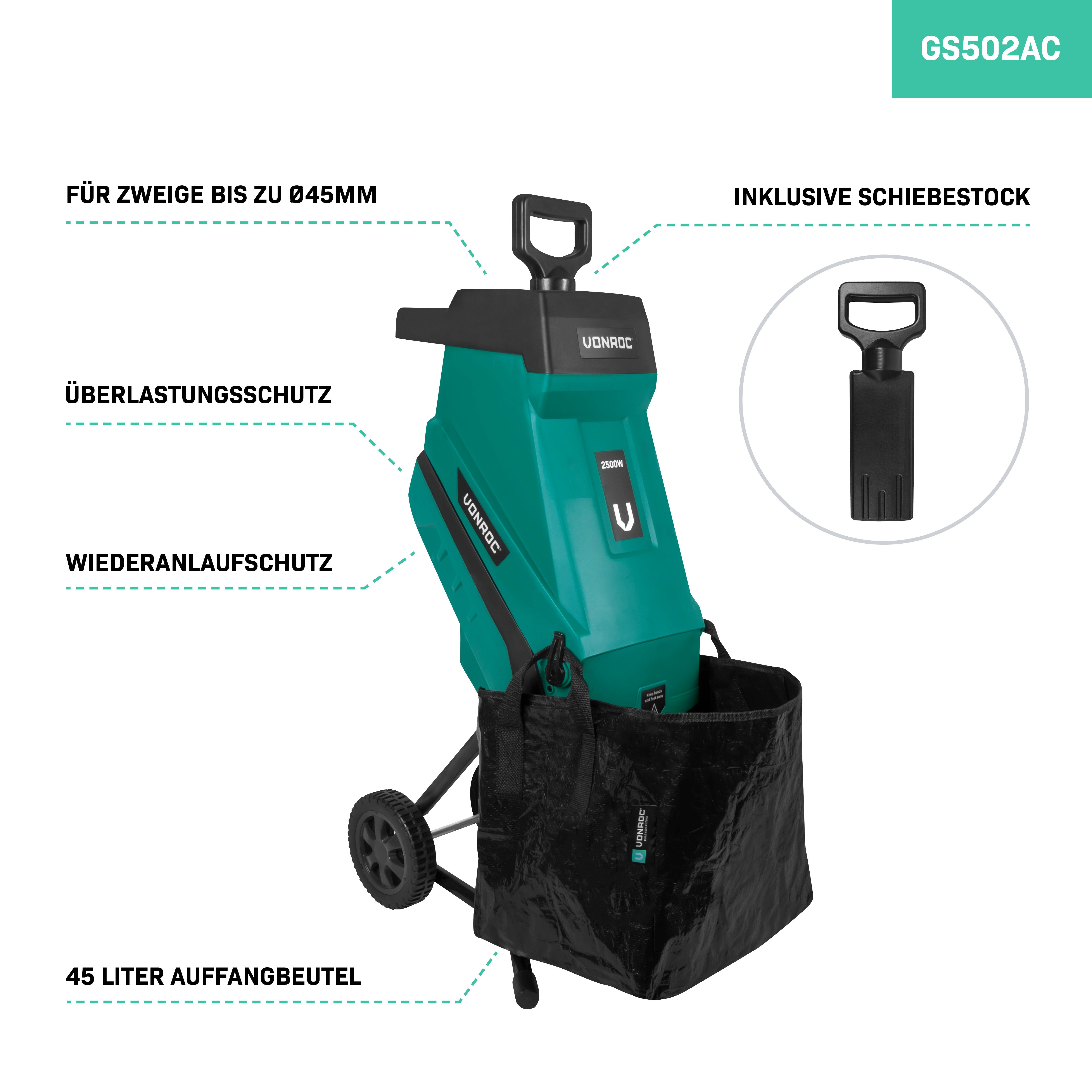 VONROC Häcksler elektrisch für Äste bis zu, 4,5 cm max. Astdurchmesser, (SET, Je nach Set mit 2500W oder 2800W), Gartenhäcksler Maschine mit Auffangsack