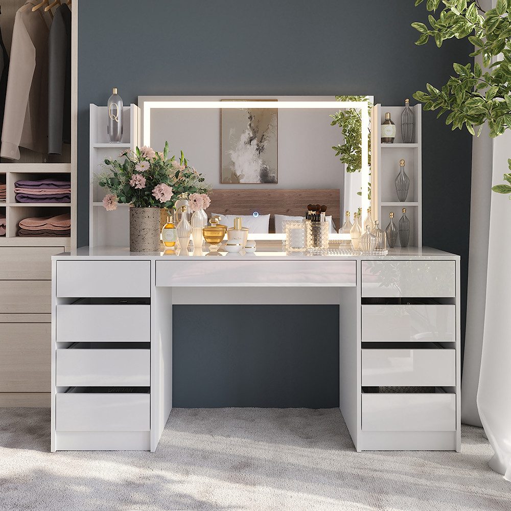 Vicco Schminktisch Sherry, Weiß/Weiß Hochglanz, 158.2 cm 4 Teile günstig online kaufen