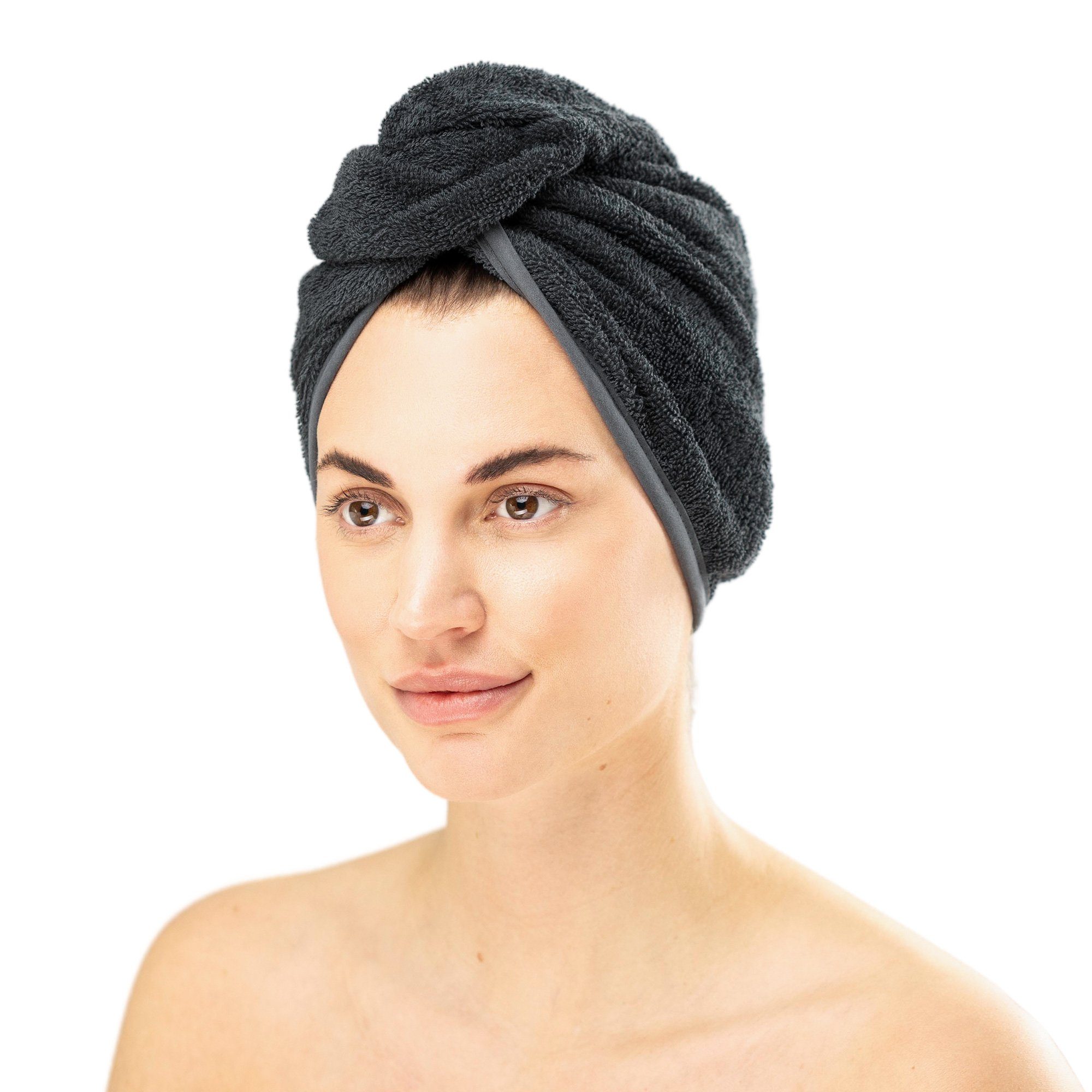 HOMELEVEL Turban-Handtuch Frottee Haarturban mit Knopf für Erwachsene aus 100% Baumwolle, (1-St) Dunkelgrau