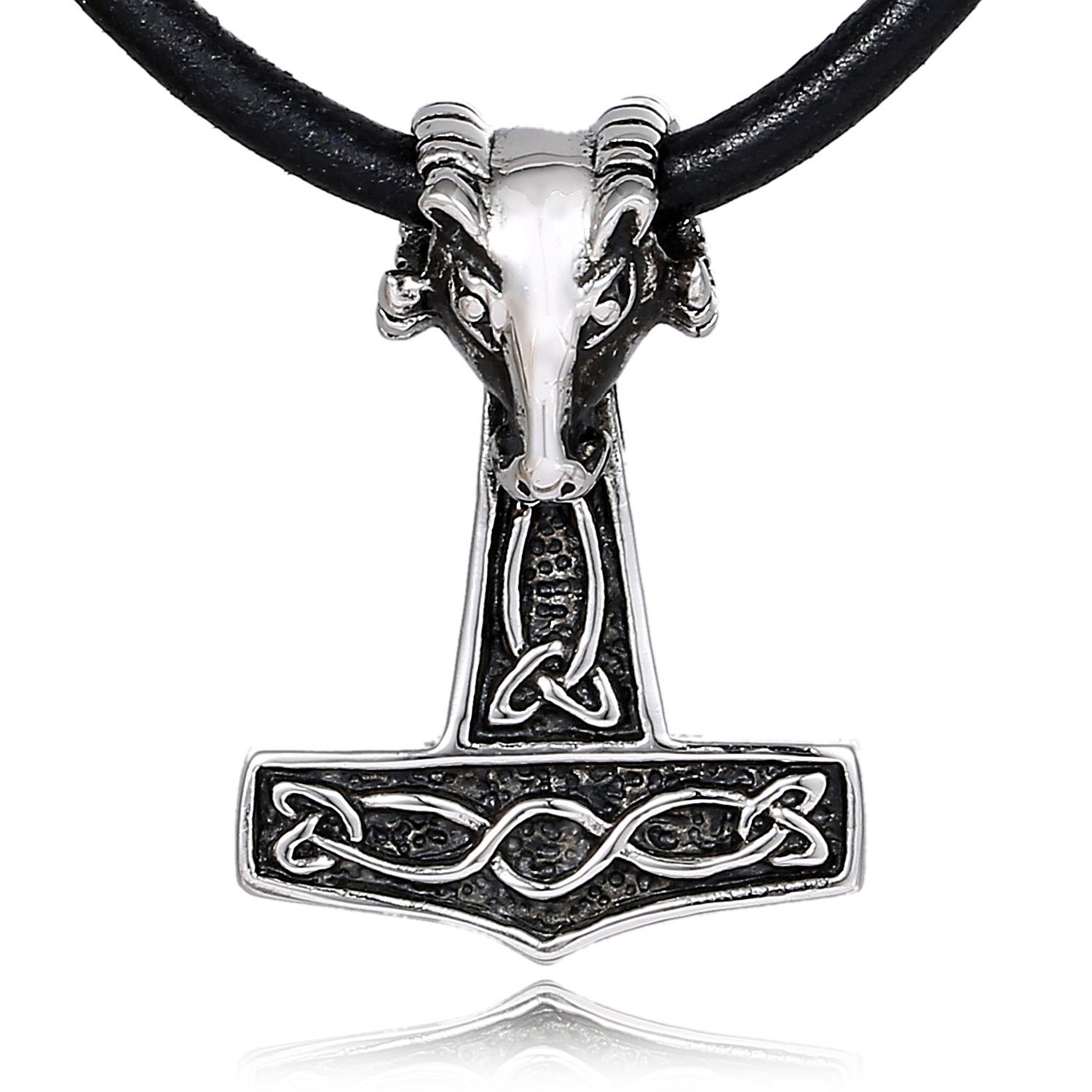 DonDon Kette mit Anhänger Lederkette Halskette 50 cm (1-tlg), Herren-Halskette mit Lederband, maskuline Anhänger, im Samtbeutel Thor Hammer Steinbock