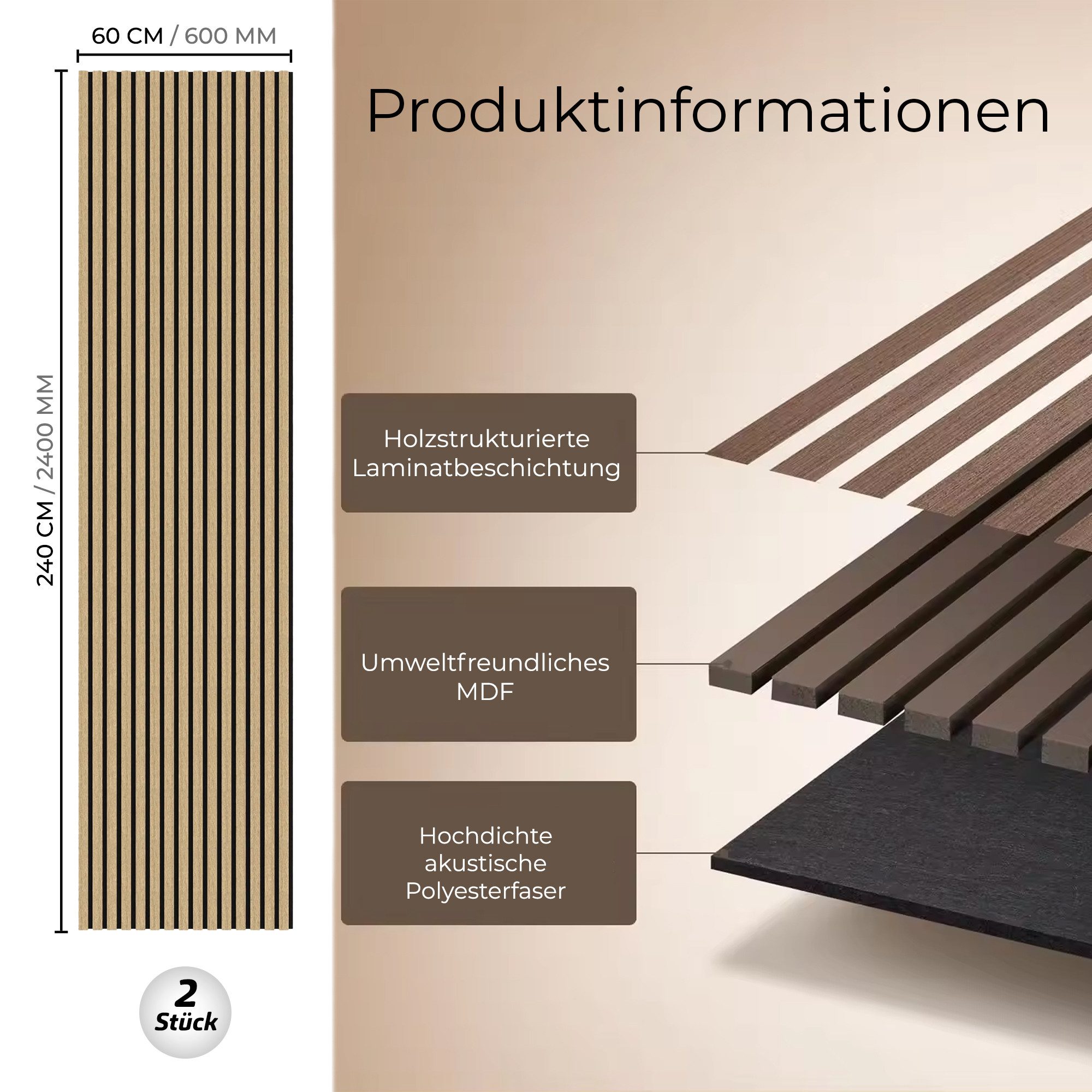 IZODEKOR 3D Wandpaneel IZODEKOR 3D Akustik Wandpaneele Holz 60x240cm Wandverkleidung 2er Set