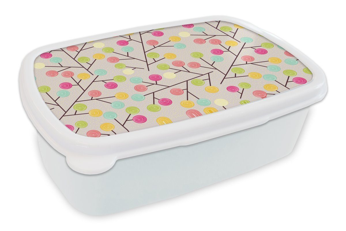 MuchoWow Lunchbox Mädchen - Lutschbonbon - Baum - Muster - Mädchen - Rosa - Kinder -, Kunststoff, (2-tlg), Brotbox für Kinder und Erwachsene, Brotdose, für Jungs und Mädchen weiß