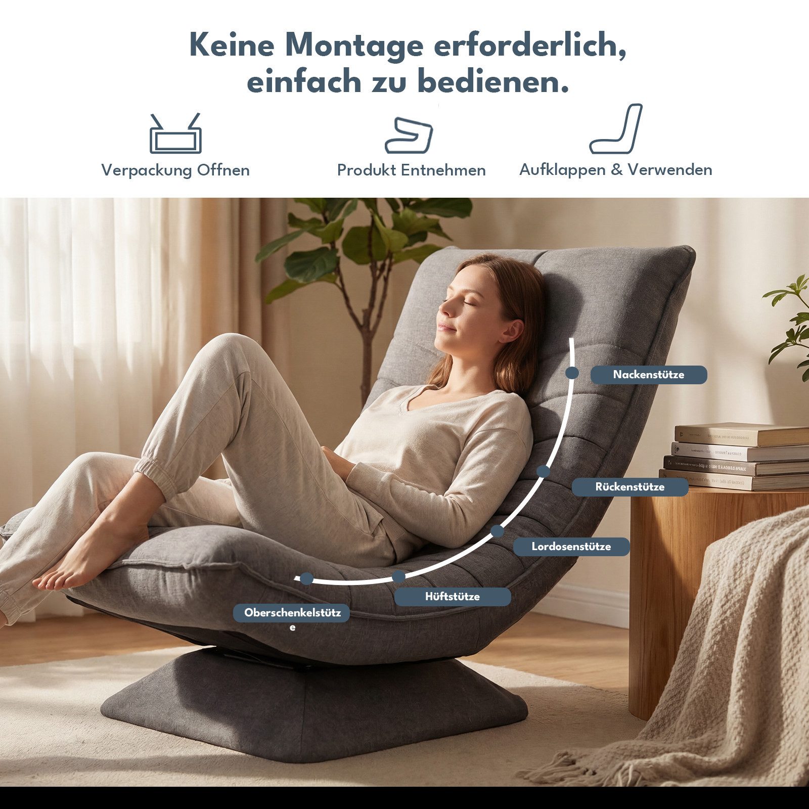 HappyHome Relaxsessel Verstellbarer Bodenstuhl, drehbar, klappbar, 150kg, Bodensessel – Bild 5 von 5