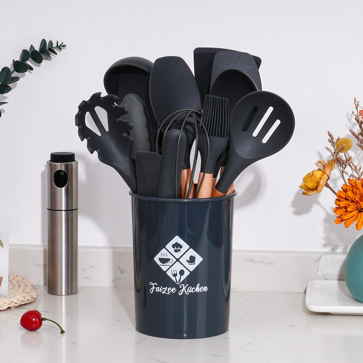 Faizee Möbel Kochbesteck-Set Küchenhelfer Set 38tlg Silikon Kochbesteck Holzgriff Küchenutensilien