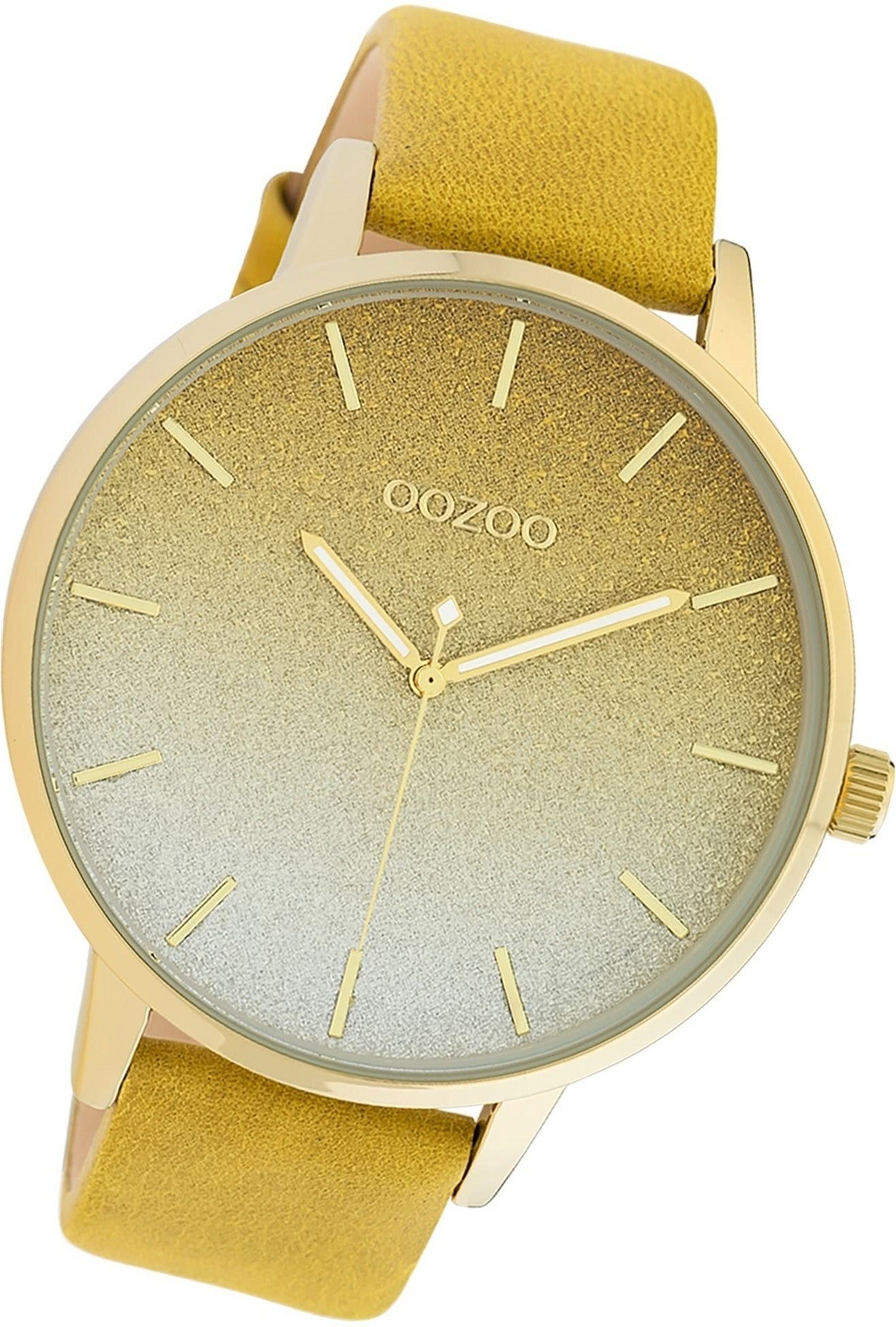 OOZOO Quarzuhr Oozoo Damen Armbanduhr Timepieces, Damenuhr Lederarmband gelb,  rundes Gehäuse, extra groß (ca. 48mm)