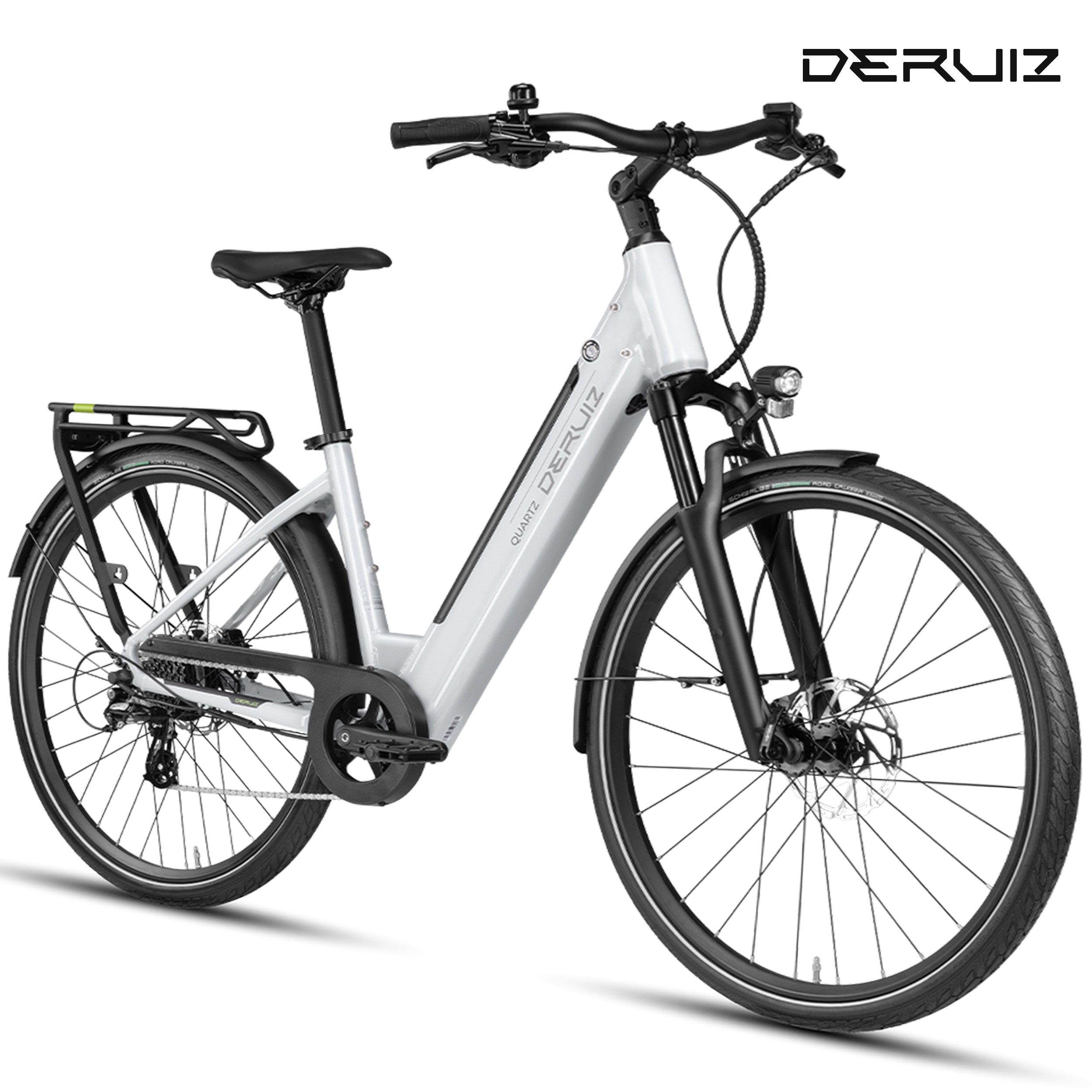 DERUIZ E-Bike Cityrad 28 Zoll, Quartz 2.0/SUV, max. 160km, Drehmomentsensor, Bluetooth+APP, 8 Gang SHIMANO Altus RD-M310 Schaltwerk, Kettenschaltung, Heckmotor, 644 Wh, (5 Stufen, Aluminium-Schutzbleche), Quartz 2.0, nur 20kg, Lockout-Federgabel, Elektrofahrrad, E-Citybike