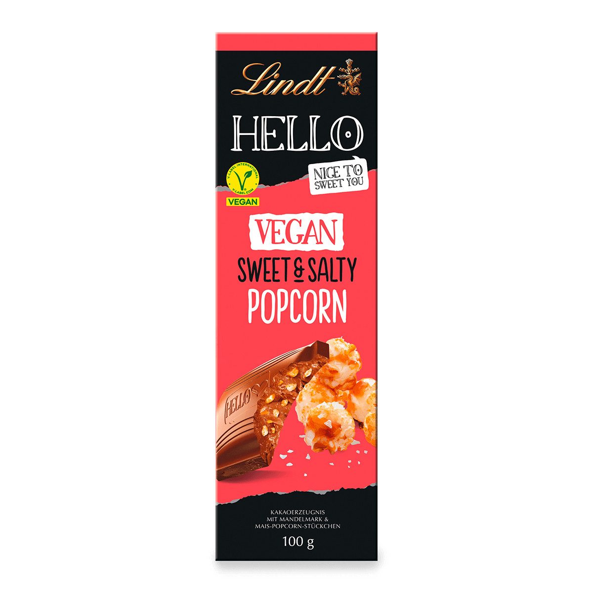 LINDT Schokolade, Lindt Hello Vegan Sweet and Salty Popcorn Schokoladentafel 100g