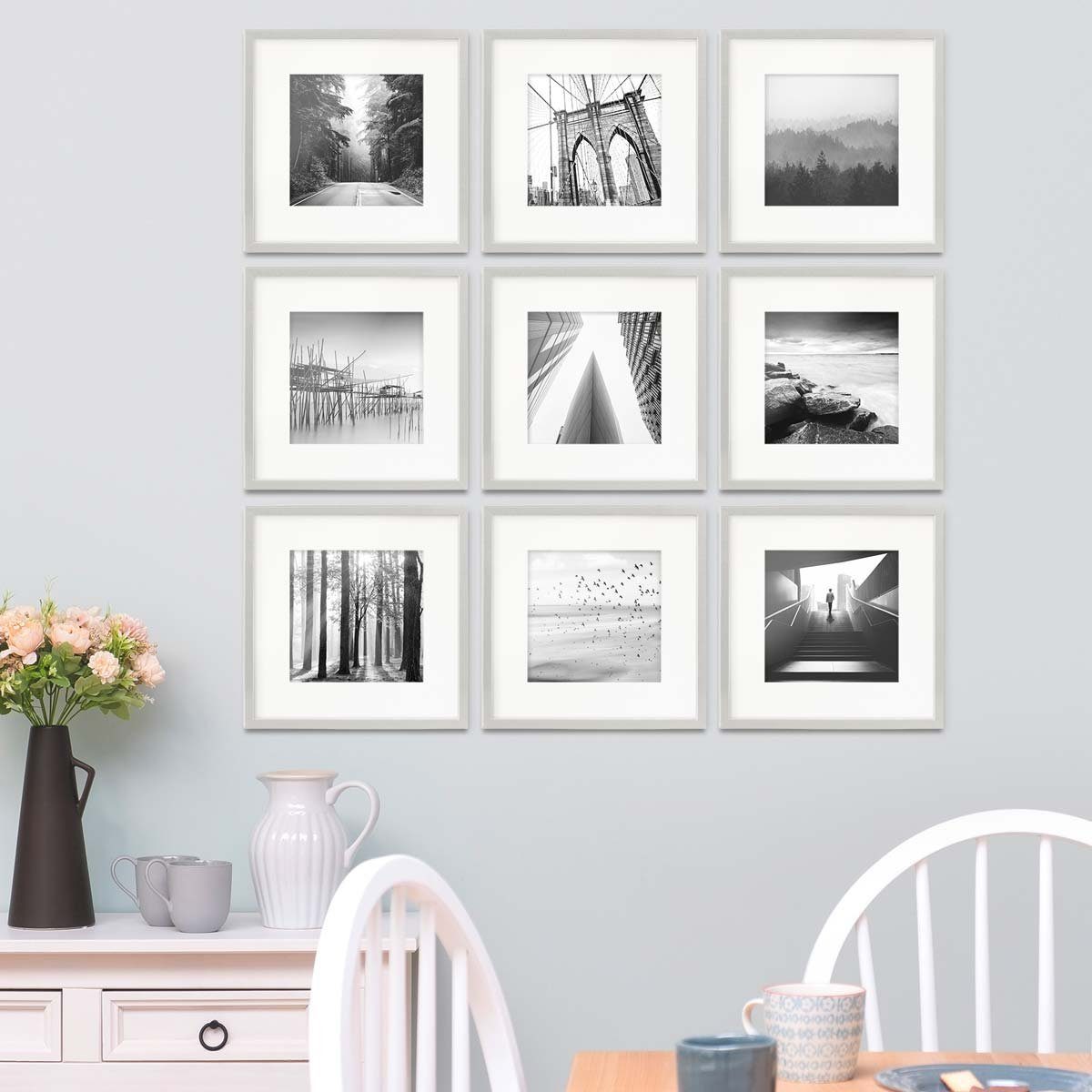 PHOTOLINI Bilderrahmen 9er Set 30x30 cm Modern Schmal mit Passepartout Silber