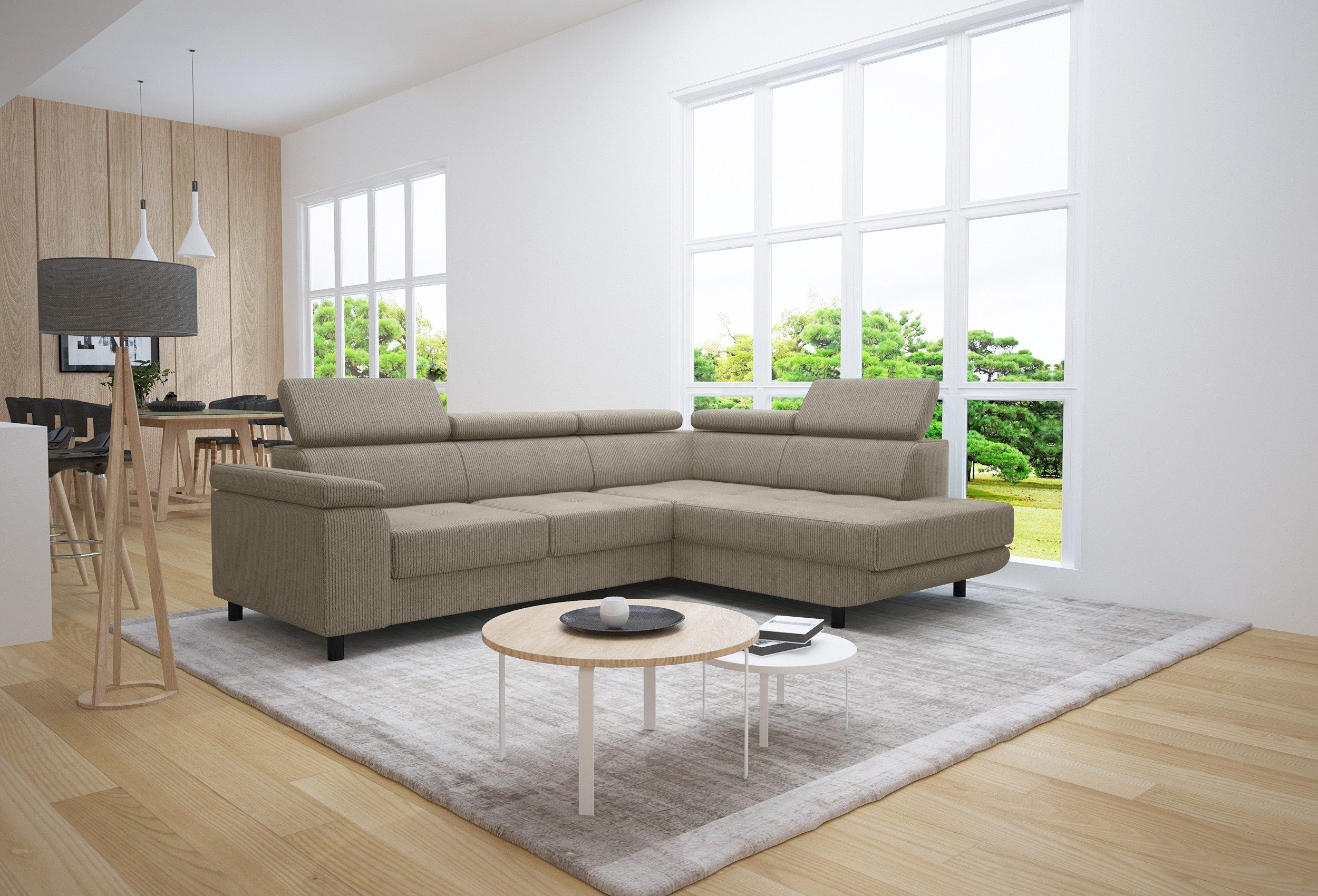 thematys Ecksofa LUNA L mit Schlaffunktion & Bettkasten – aus Velours oder Cord Stoff, mit 5 verstellbaren Kopfstützen, – L-Form 250×183 cm – Schlafsofa mit Auszug