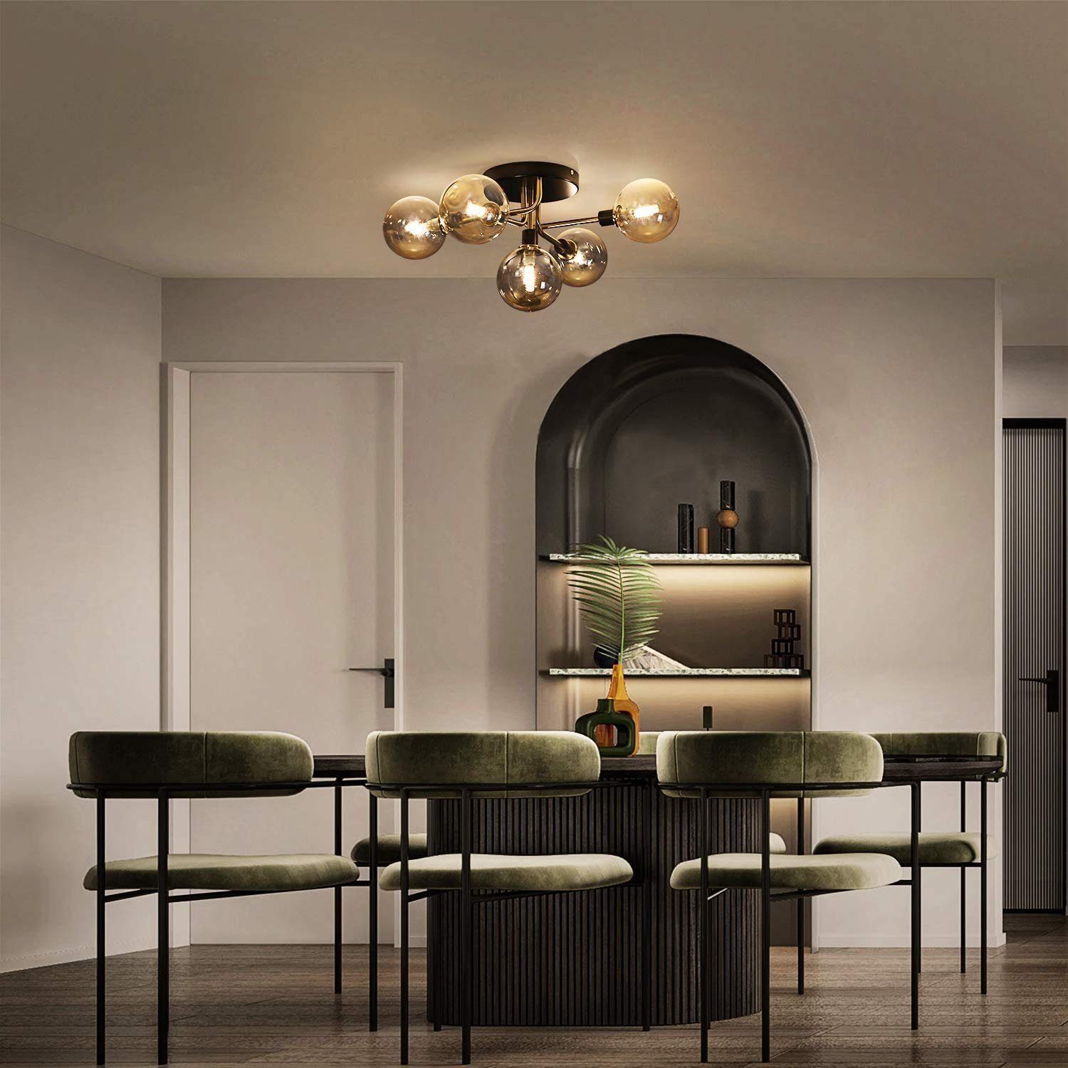 Nettlife LED Deckenleuchte Wohnzimmer 5 Flammig Glaskugeln Rauchgraues/Gold G9 Warmweiß, LED wechselbar, Warmweiß, Berstein Glaskugel,G9 Fassung – Bild 2 von 5