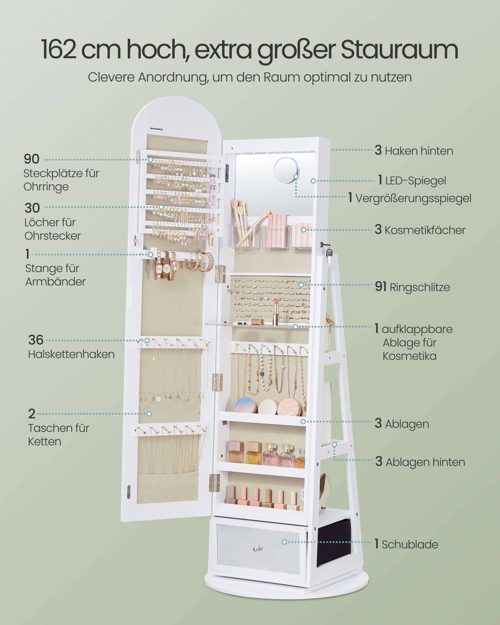 SONGMICS Schmuckschrank 360° drehbar, Schmuckaufbewahrung LED-Beleuchtung, Ganzkörperspiegel Ganzkörperspiegel Schublade Innenspiegel Vergrößerungsspiegel – Bild 5 von 5