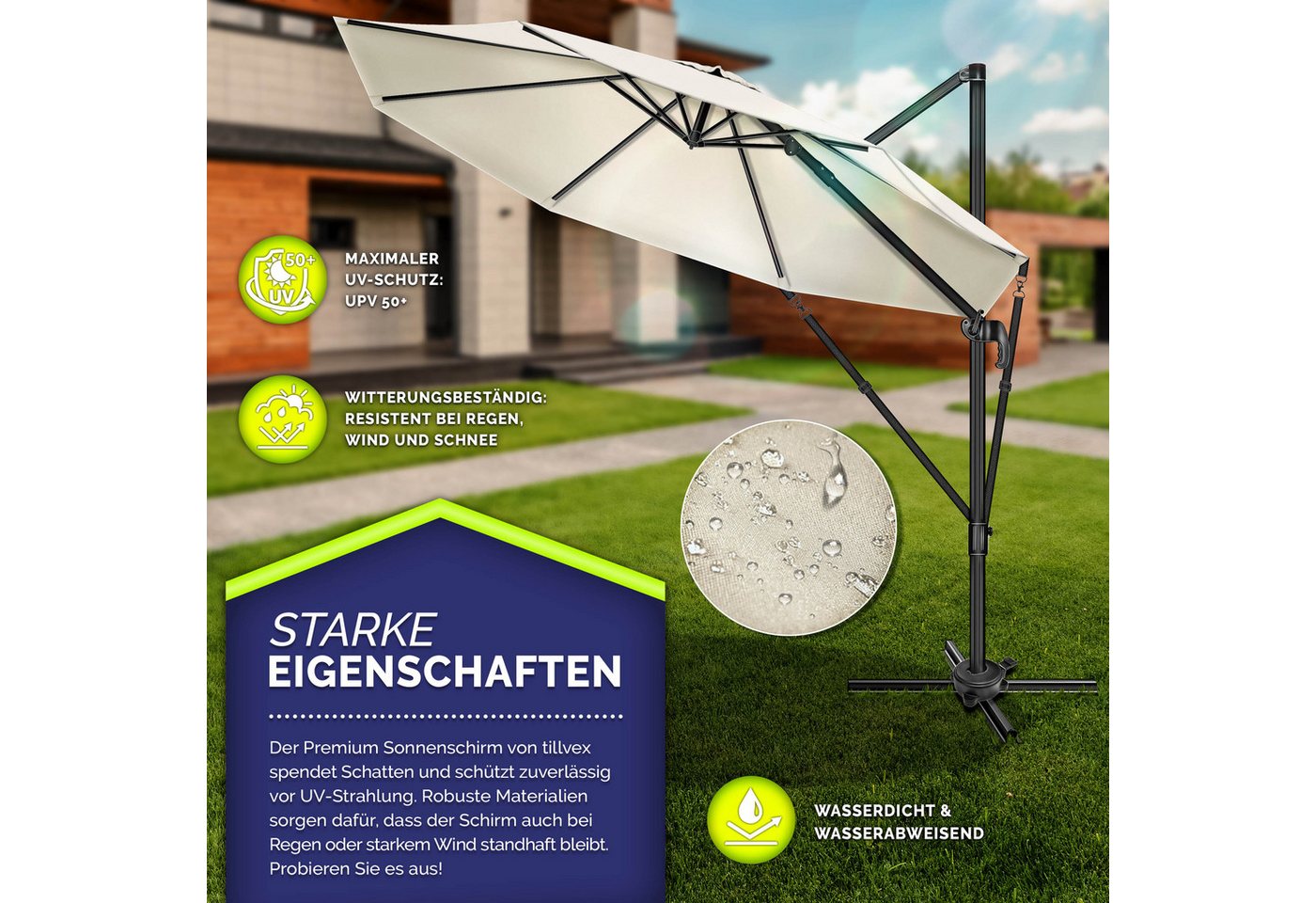 Thumbnail - tillvex Sonnenschirm tillvex® Premium Alu Sonnenschirm 330 cm + Abdeckung & Windsicherung, Premium-Series, Ampelschirm 6...