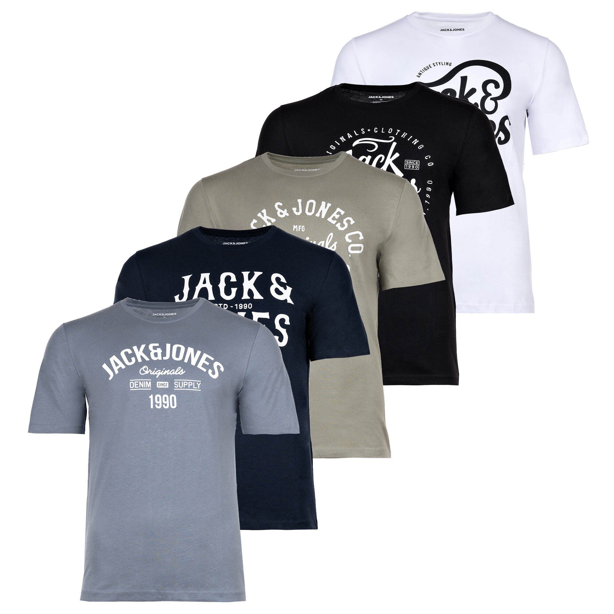 Jack & Jones T-Shirt Herren T-Shirt, 5er Pack - JJLEOGRA TEE CREW NECK Schwarz/Weiß/Blau/Grün
