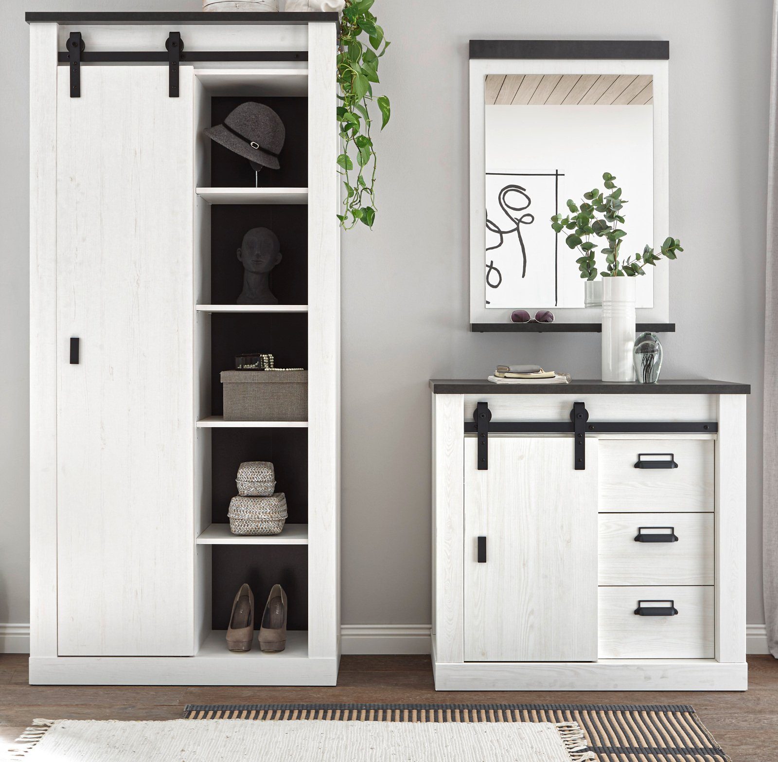 Furn.Design Garderoben-Set Stove, (Flurgarderobe in Pinie weiß Landhaus, 3-teilig, 206 x 201 cm), mit Schiebetüren und Soft-Close-Funktion