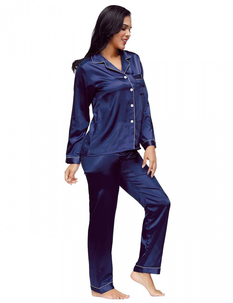 Lau-Fashion Pyjama M/L zweiteilig Anzug Blau Damen Schlafanzug Pyjama Langarm Hosen Satin