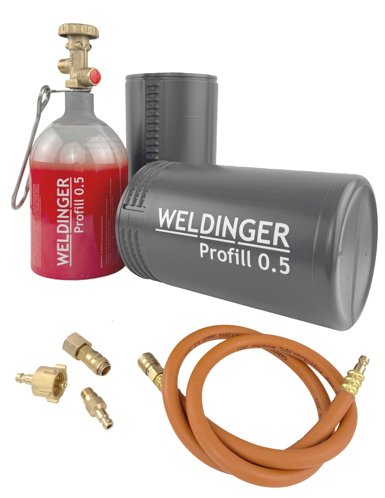WELDINGER Gas Aktionsset WELDINGER Profill 0.5/0,425 kg Umfüllset Schnellkupplungen, befüllbare Kleinflasche für Propan/Butan, Aluminiumzylinder