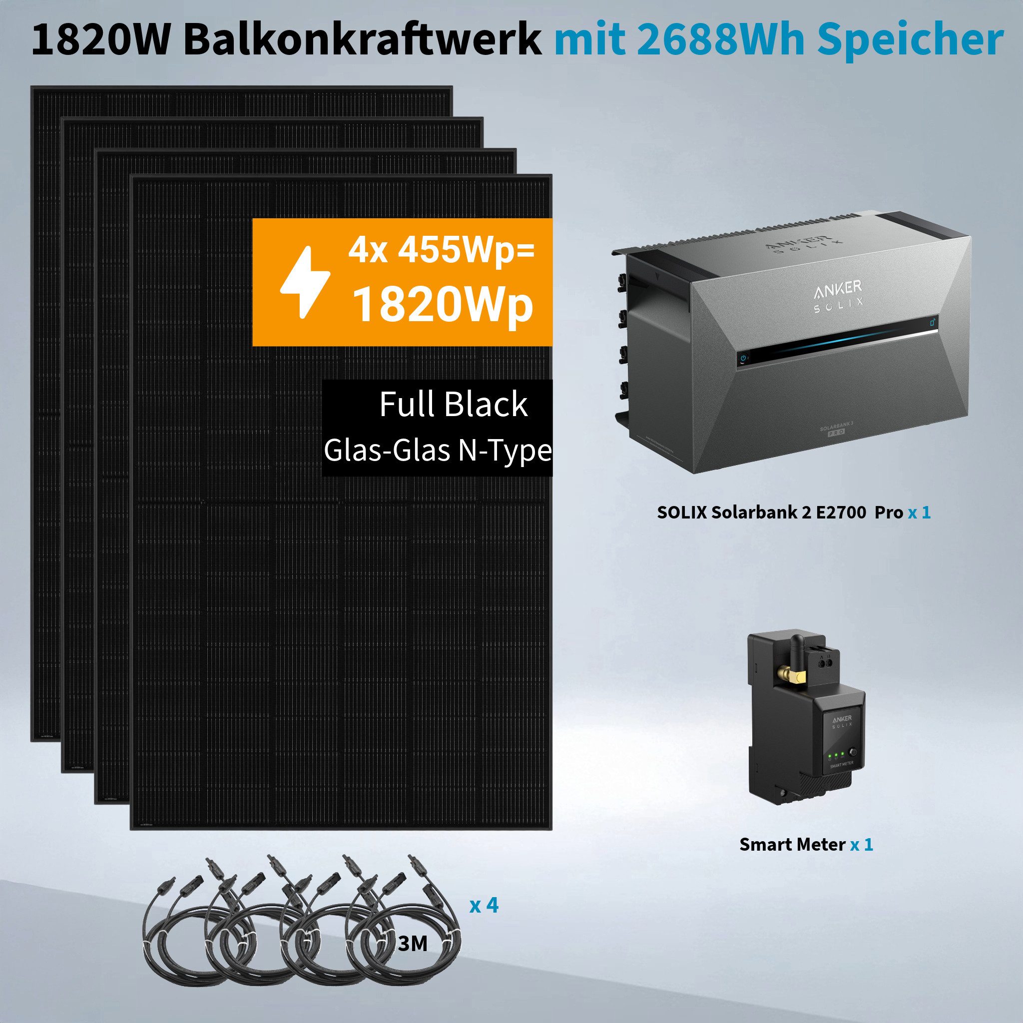 Anker Balkonkraftwerk Solix 1820W Photovoltaikanlage Komplettset mit Solarbank E2700 3 Pro, Monokristallin, (Set, 4*455W Solarmodule + Anker Solarbank 3 Pro + ohne/mit Halterung), mit Smart Zähler, IP65, Plug und Play