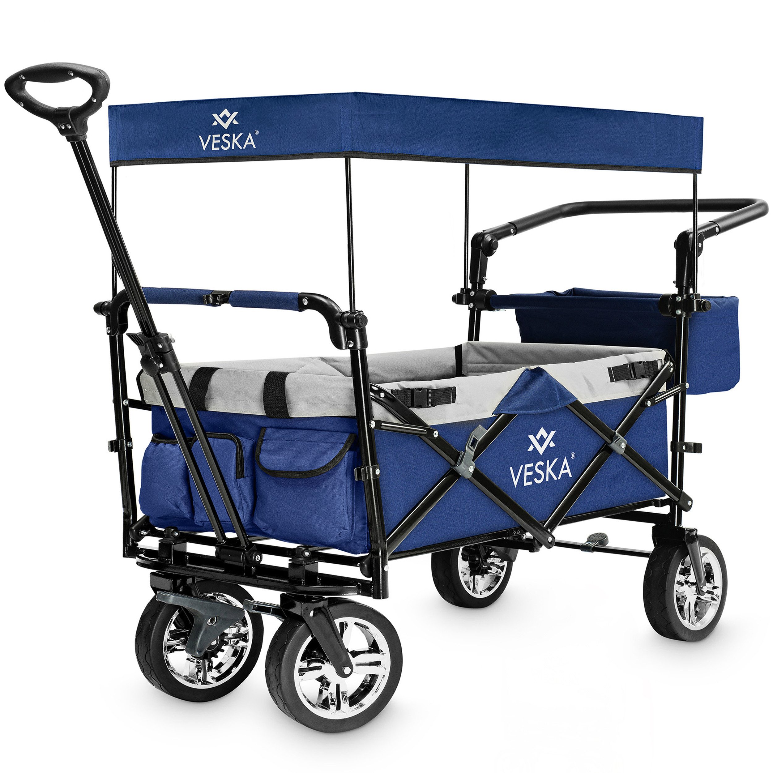 VESKA Bollerwagen faltbar mit Dach Handwagen Transportwagen, 2-Sitzer 3-Punkt Gurtsystem (mit Moskitonetz, Regencover), klappbar, Vollgummi-Reifen, bis 80 kg, Vorder- und Hinter-Bremse