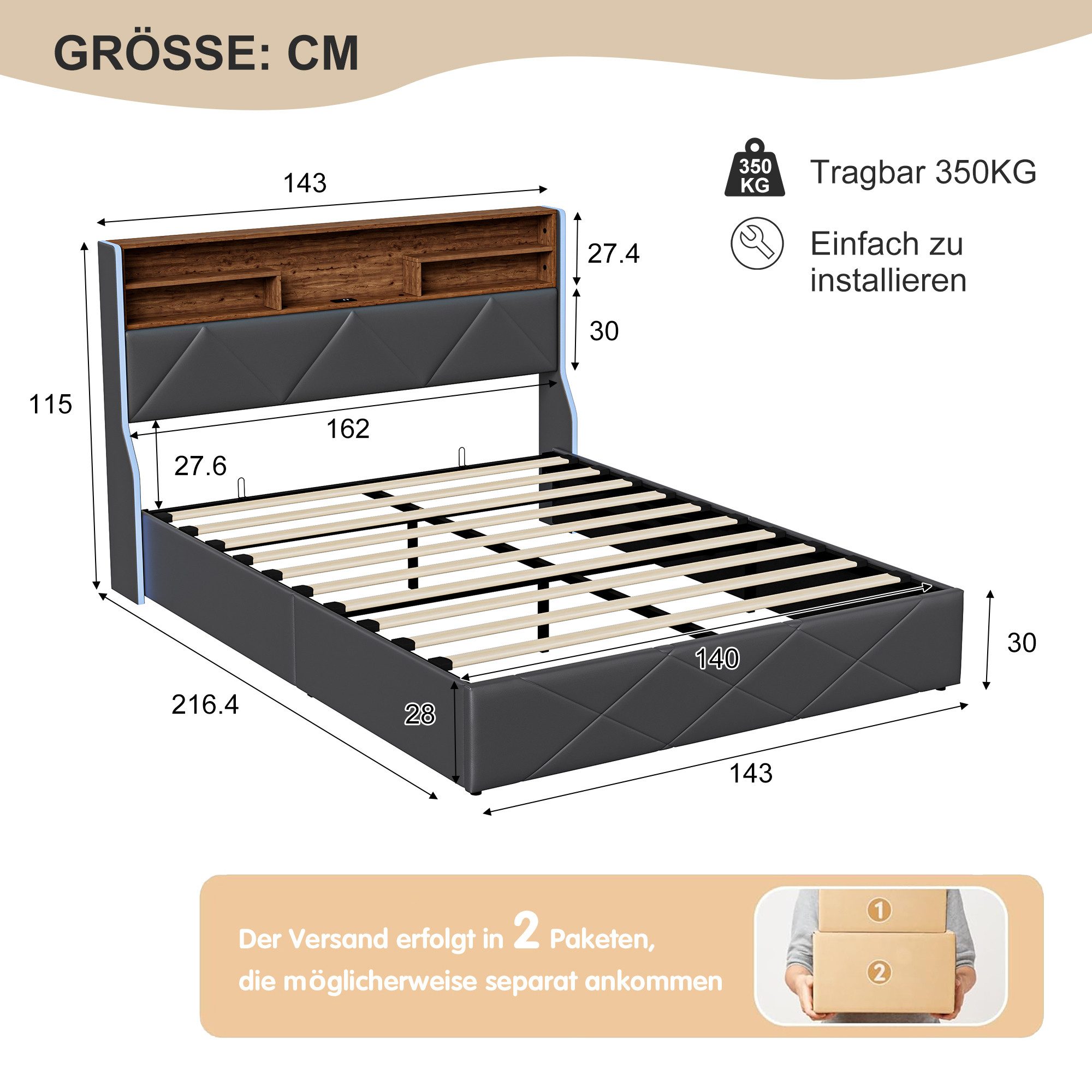 Gdood Polsterbett Stauraumbett Doppelbett LED (1 tlg., Hydraulisch hebbarem Stauraum), Mit LED-Licht, Nachttisch, Ladefunktion, Lattenrost, PU, 140x200 cm