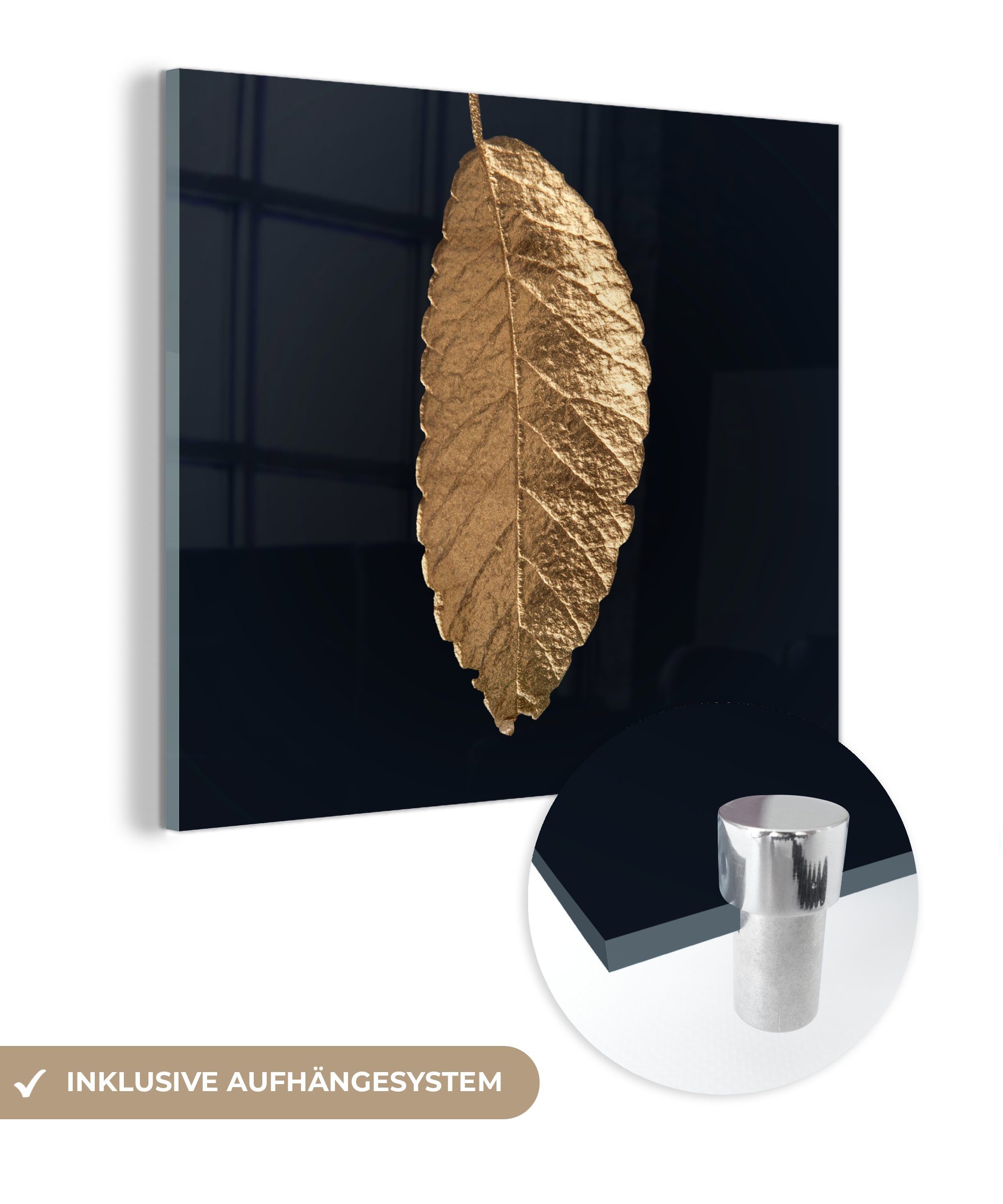 MuchoWow Acrylglasbild Blätter - Schwarz - Gold - Luxus - Natur, (1 St), Glasbilder - Bilder auf Glas Wandbild - Foto auf Glas - Wanddekoration bunt