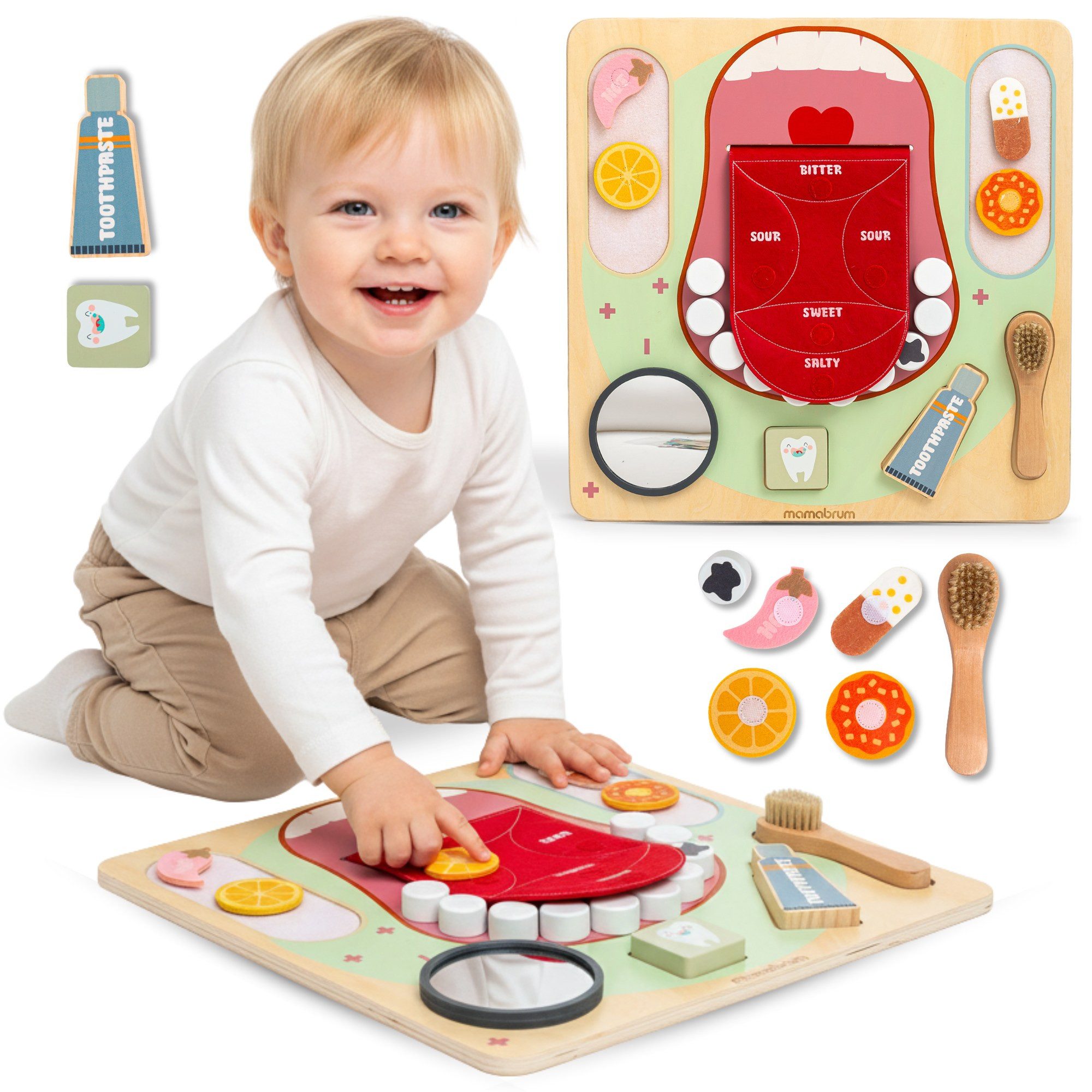 Mamabrum Lernspielzeug Montessori-Holztafel „Kleiner Zahnarzt“ – Zähne, Spiegel & Geschmäcker