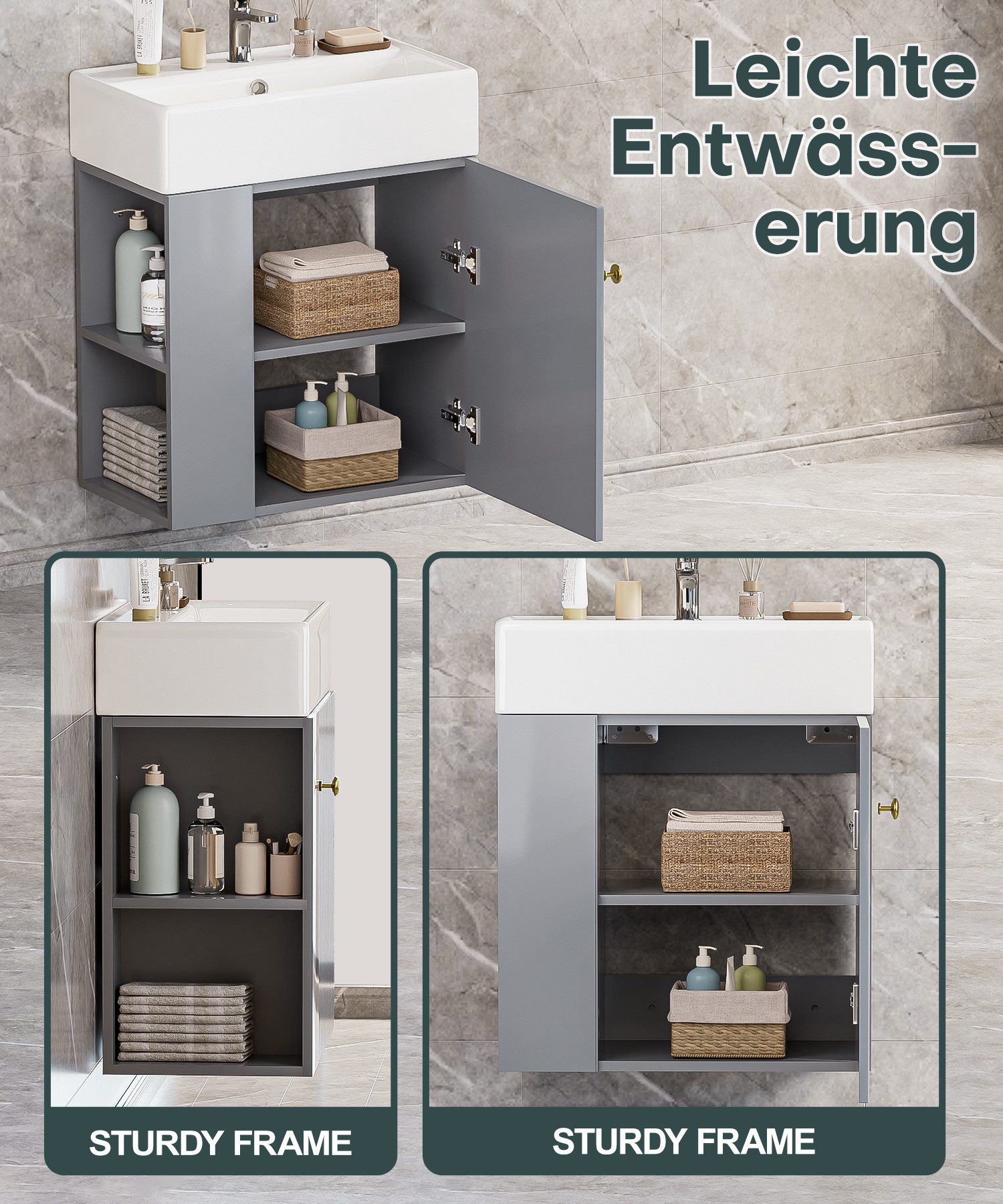 Yorbay Waschtisch Badmöbel Waschtischunterschrank (Breite 55 cm, Badschrank mit Waschbecken), Waschbecken mit Waschtisch für kleine Badezimmer – Bild 3 von 5