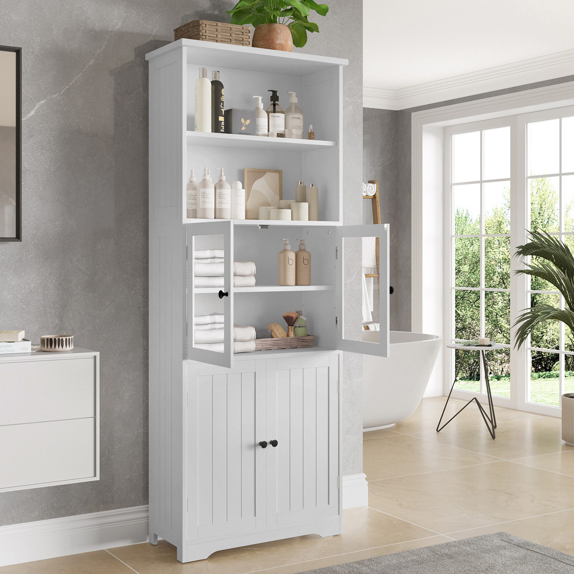 Merax Hochschrank mit Glas- & Holztüren günstig online kaufen