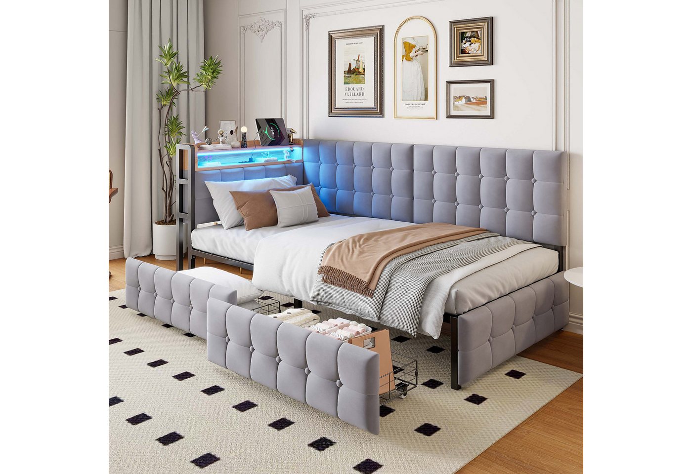 Merax Daybett (Einzelbett Jugendbett Tagesbett Kinderbett Samt, 1 tlg), Polsterbett Schlafsofa 90x200cm mit LED, 2 Schubladen, USB & Typ-C