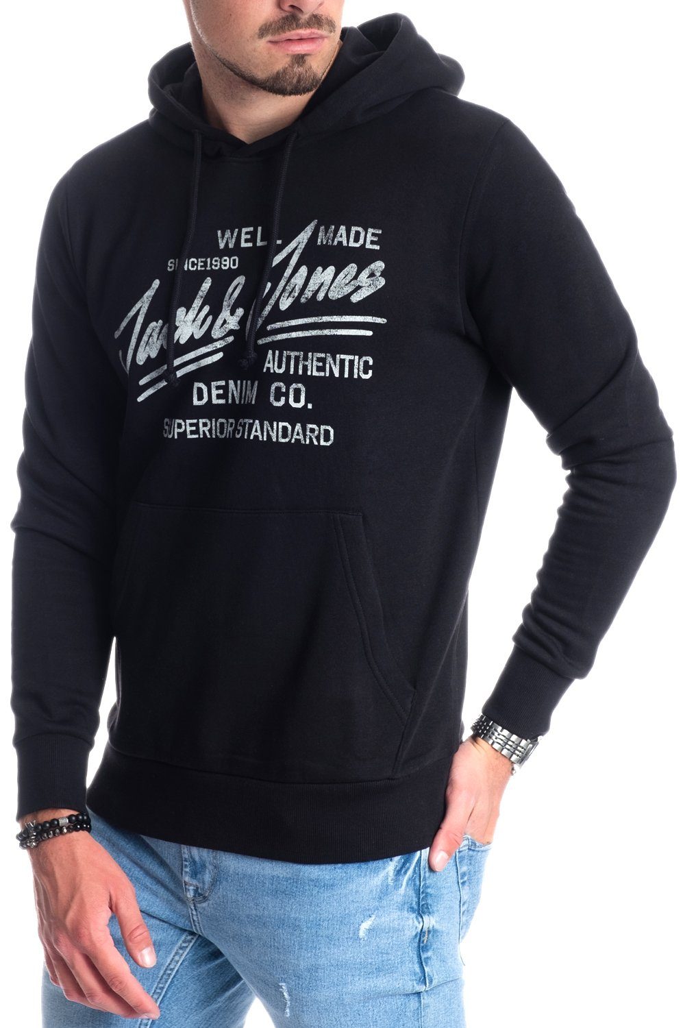 Jack & Jones mit Kapuze, Logodruck, Black02-White T-Shirt Unifarbe Kängurutasche, in mit