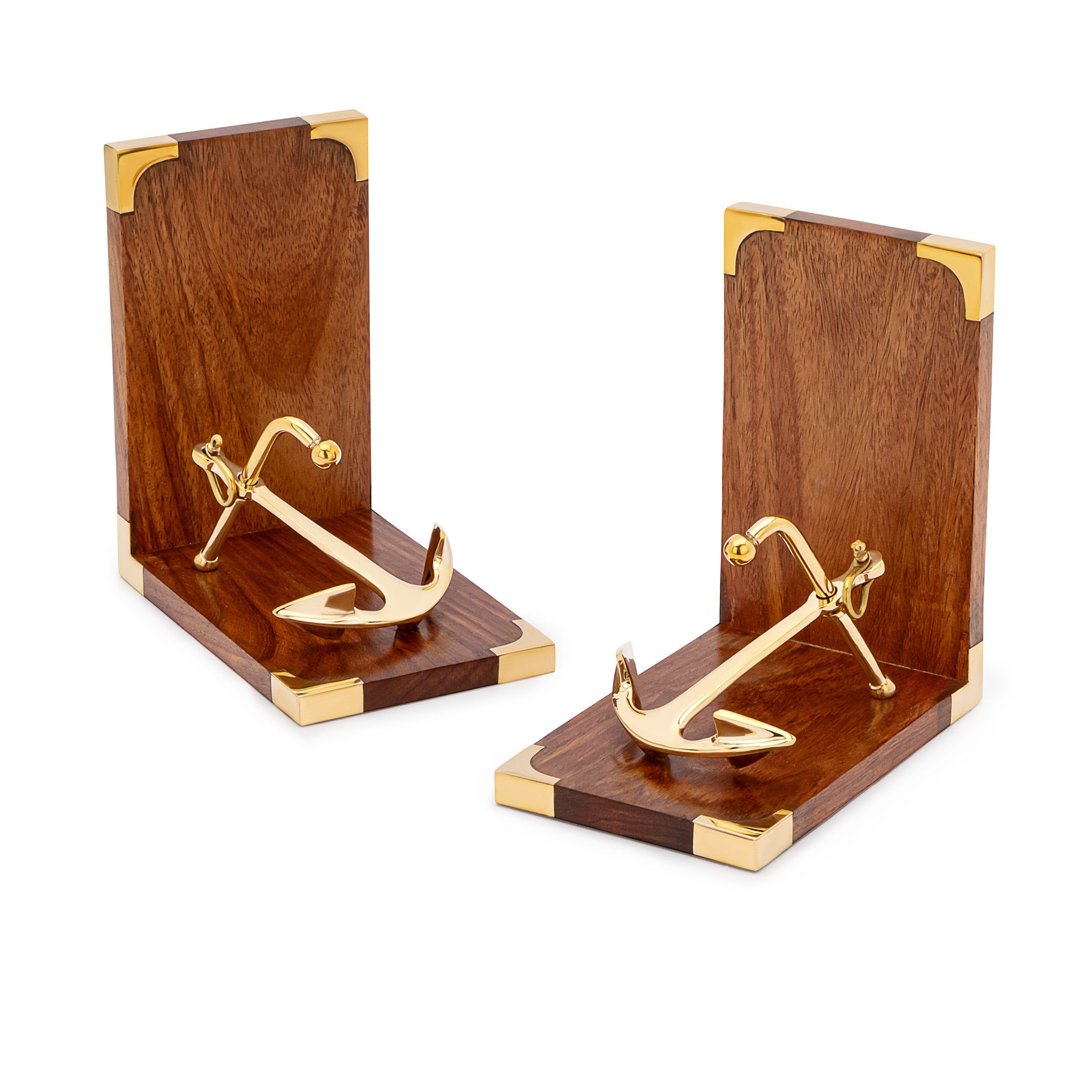 Buchstütze 1 Paar Maritim Buchstützen Anker 16x10x17cm aus Messing und Holz Buchh