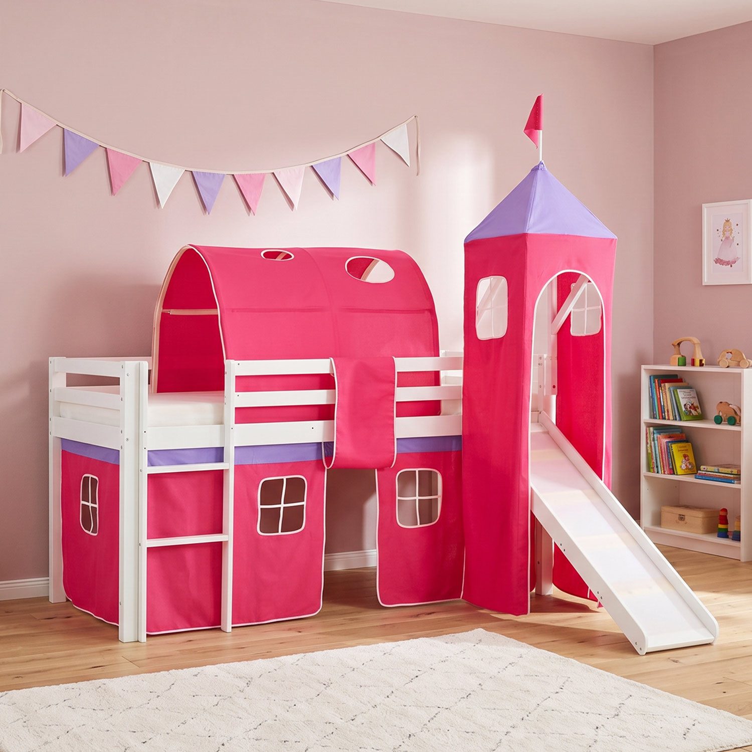 Homestyle4u Hochbett 90x200 cm Kinderbett Weiß mit Vorhang Pink (Set, mit Tunnel, Turm, Rutsche, Spielbett) Kiefer, Jungen Mädchen