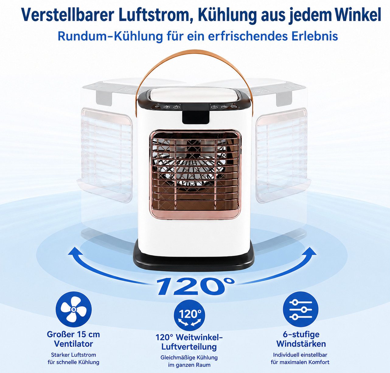 MOPUEA Ventilatorkombigerät Tragbarer Luftkühler 6 Stufen 7 Farben LED 120° Oszillation, Timerfunktion 1300ml Tank Fernbedienung USB Für Büro Schlafzimmer