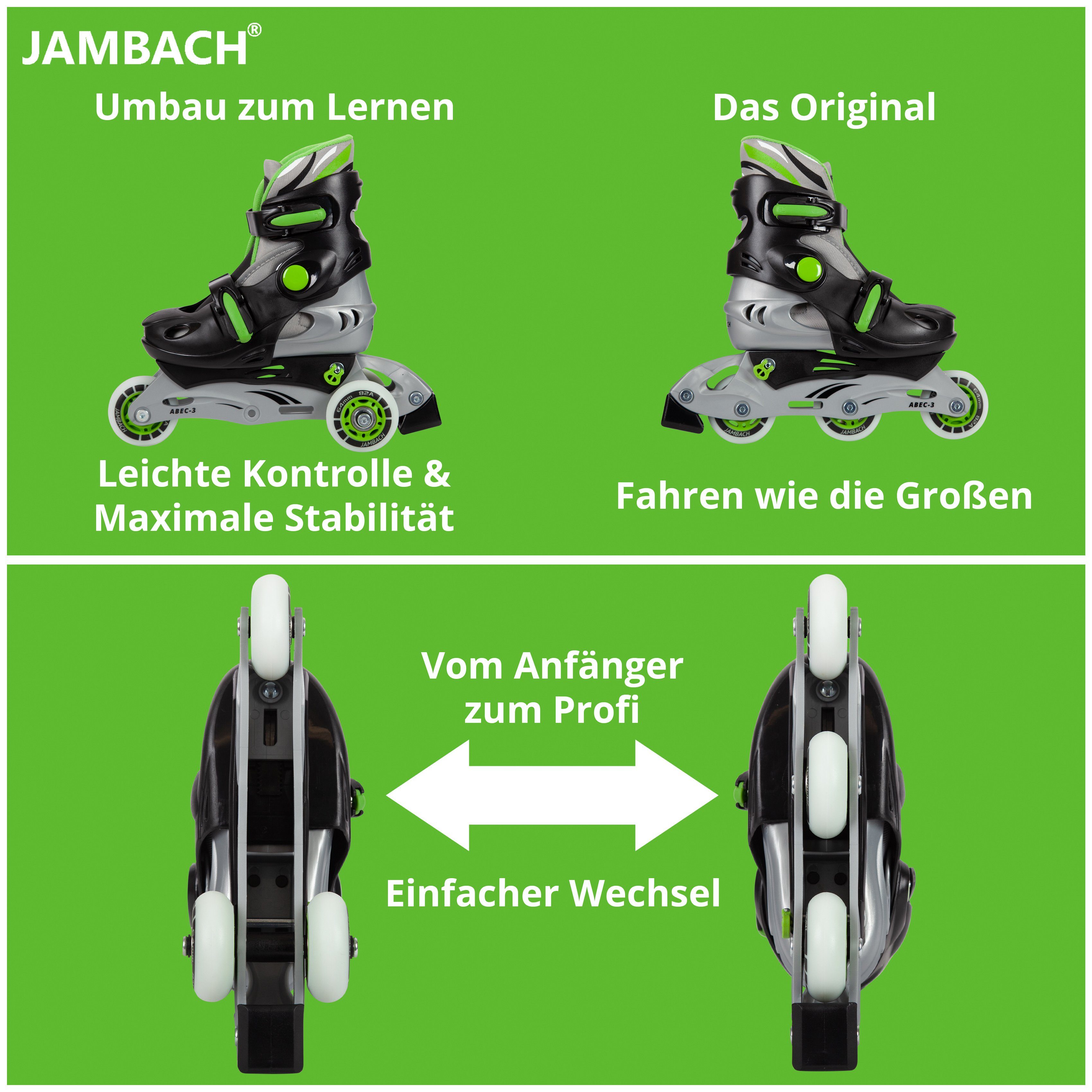 JAMBACH Inlineskates, (Set, Inliner, Protektoren, Rucksack), blinkende grün Helm, Einsteiger Set Größe verstellbare Rolle