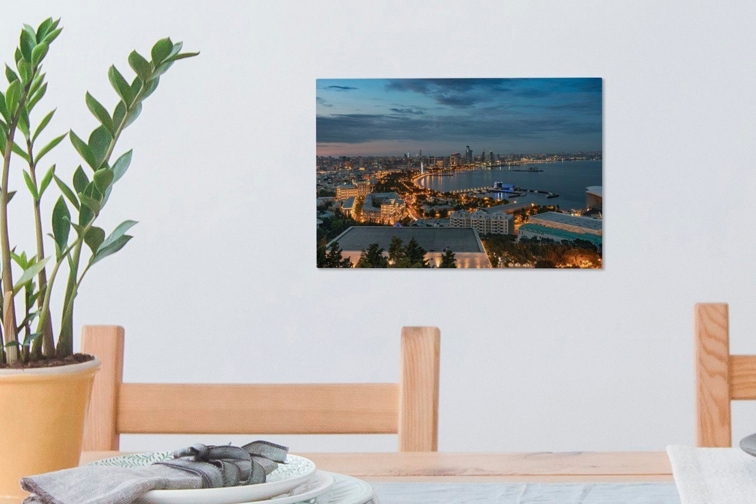 St), (1 Leinwandbild Baku Metropole Die kurz 30x20 cm OneMillionCanvasses® Aufhängefertig, Wandbild Leinwandbilder, Sonnenuntergang, in nach Asien Wanddeko,