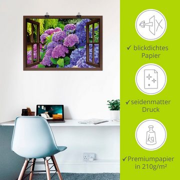 Artland Wandbild Fensterblick - Hortensien im Garten, Blumen (1 St), als Leinwandbild, Poster in verschied. Größen