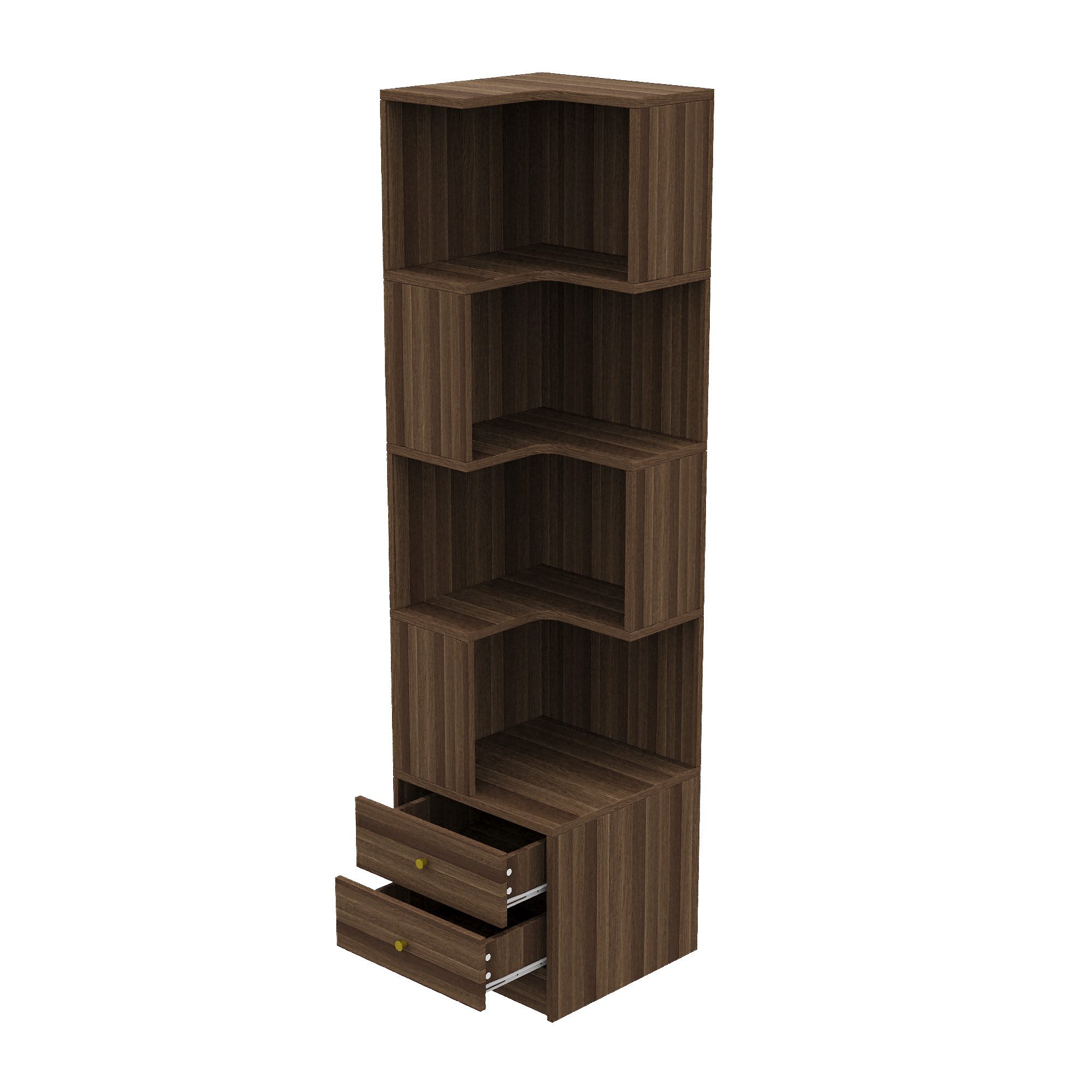 Flieks Bücherregal Standregal Eckregal mit LED-Beleuchtung und 6 Ebenen/5 Ebenen, B63,5/T45/H180 cm 1-tlg., Eckbücherregal mit 4 Fächer&2 Schubladen L-Form Hoch – Bild 4 von 5