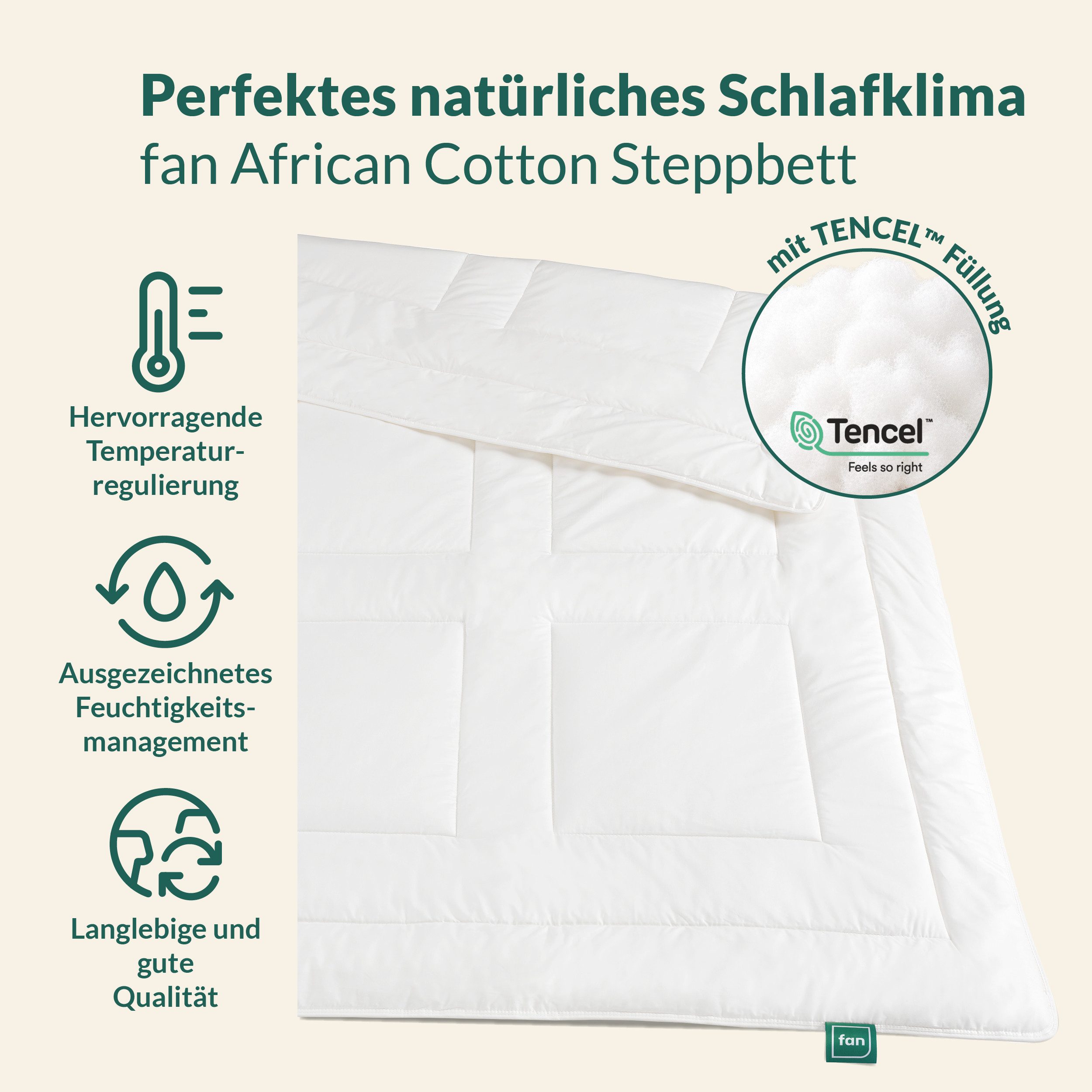 fan Naturfaserbettdecke African Cotton, 135x200 cm und weitere Größen, Füllung: 100% Lyocell (TENCEL), Bezug: 100% Baumwolle, Bettdecke für Winter oder Sommer.  – Bild 2 von 5