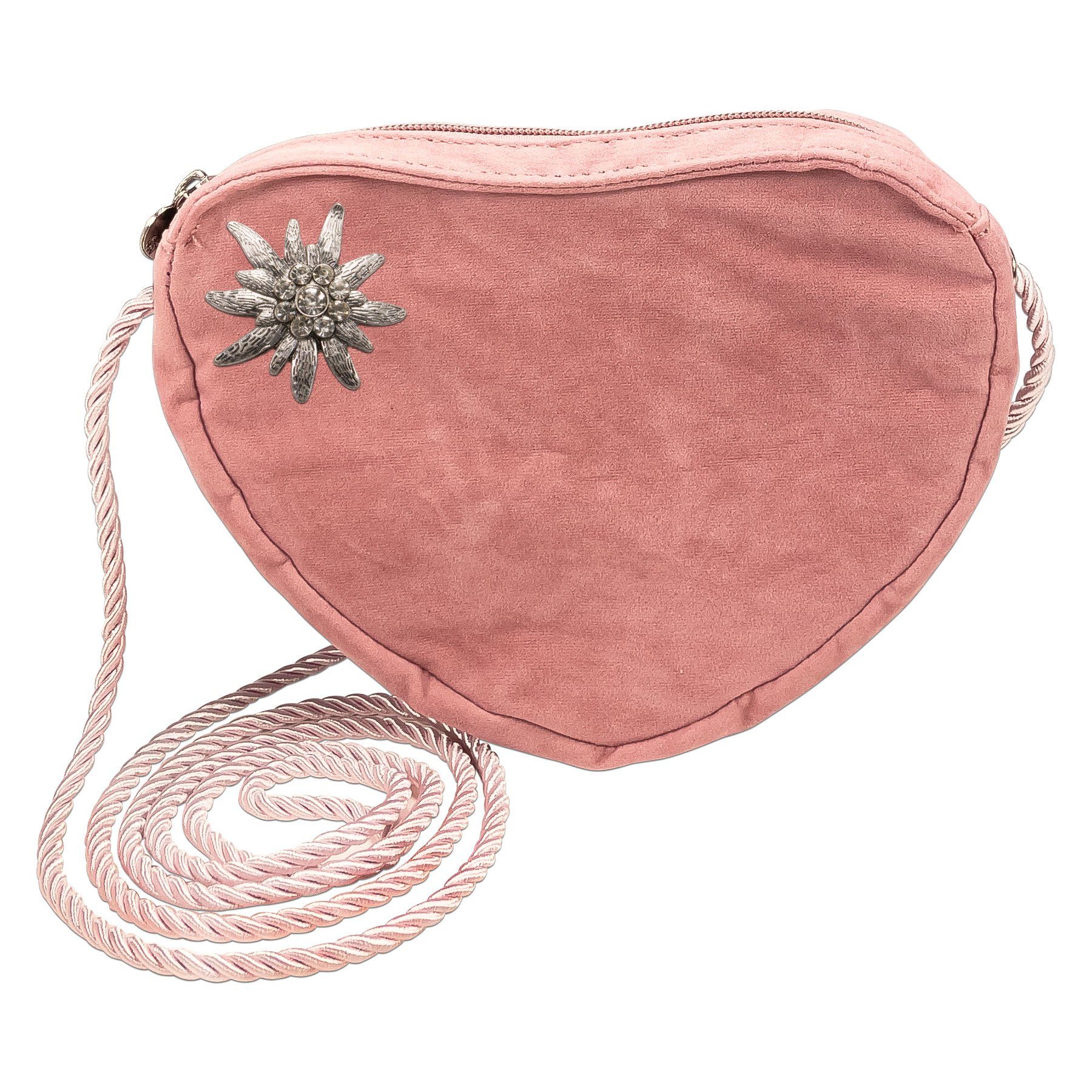 Alpenflüstern Schultertasche Herztasche Strass-Edelweiß (rosa-ros), - Damen Trachtentasche in Herzform, Schultertasche fürs Dirndl, Herz Handtasche zur Tracht, Dirndltasche