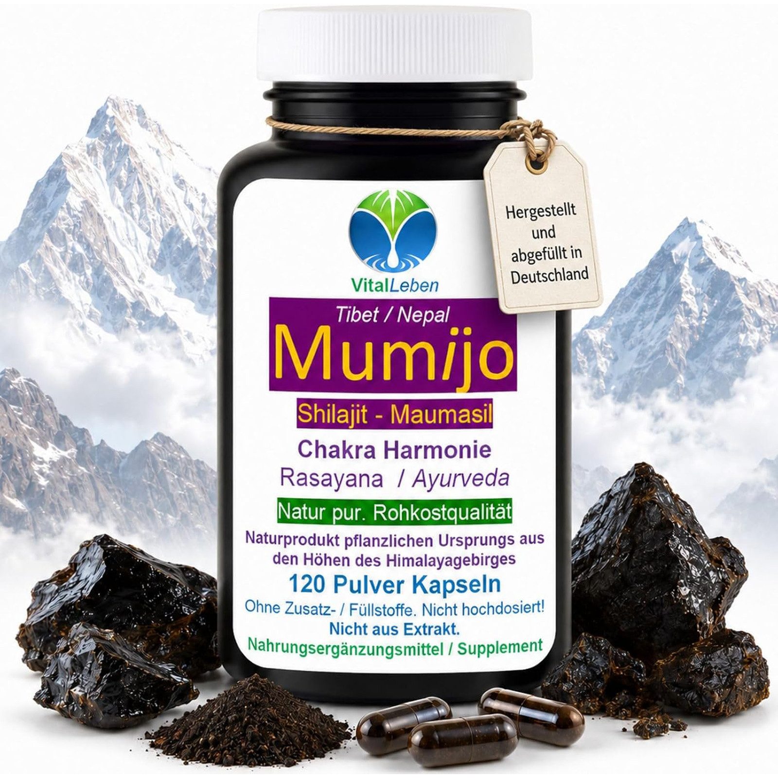 VitalLeben Shilajit Mumijo Ayurveda Gold der Berge naturrein ohne Zusatzstoffe Kapseln, 1 er Dose à 120 St., 59 g, Art. 27285-120