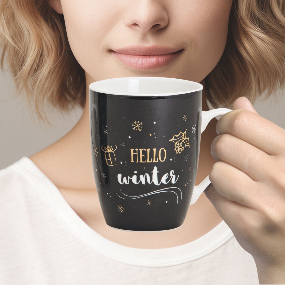 matches21 HOME & HOBBY Tasse Weihnachtstassen 48er Set Weihnachtsdeko mit Spruch Hello Winter, 48-tlg., Porzellan, Tee Kaffee-Becher Weihnachten modern schwarz goldfarben340 ml